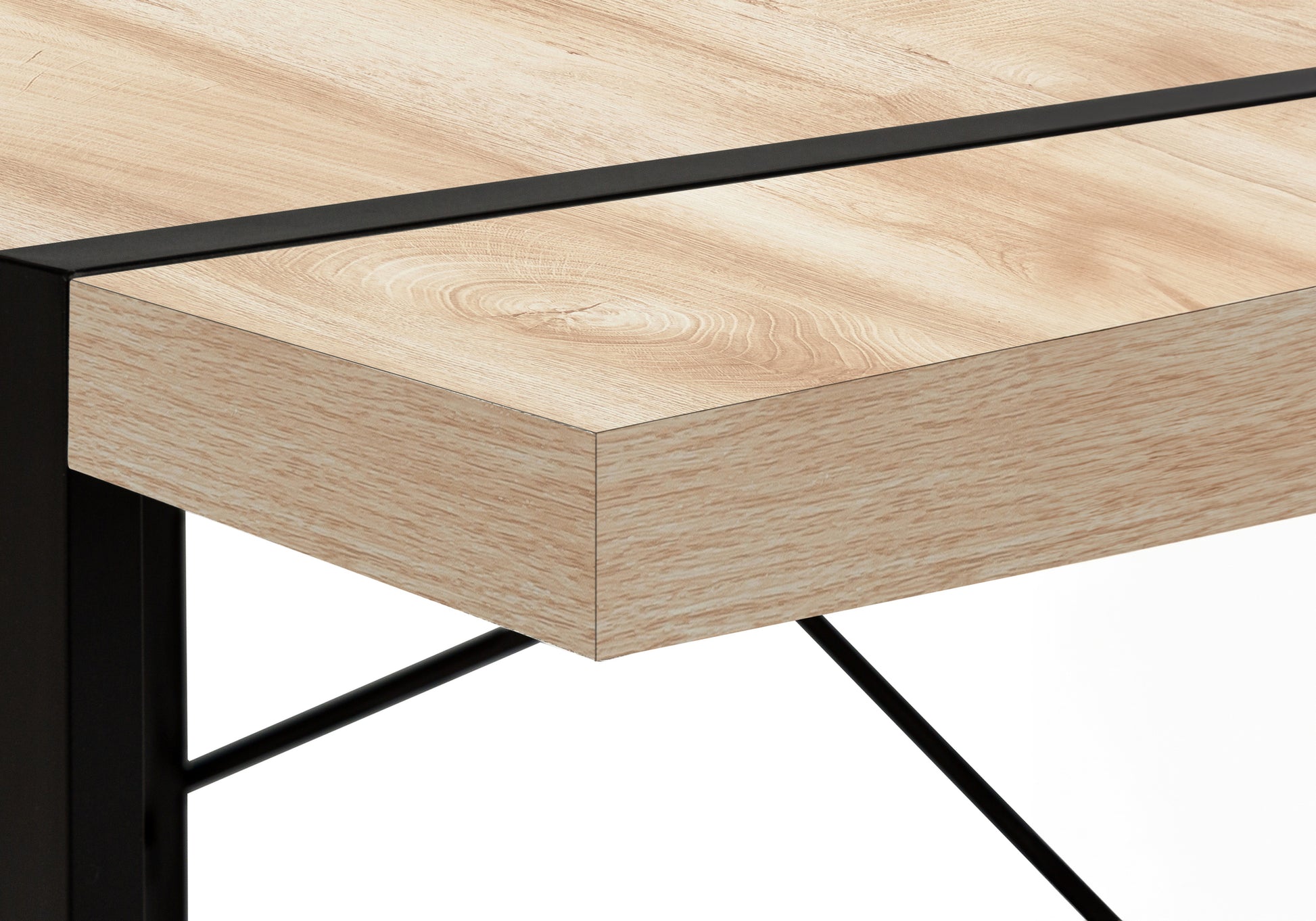 Light wood grain desk with black metal accents perfect for a home office