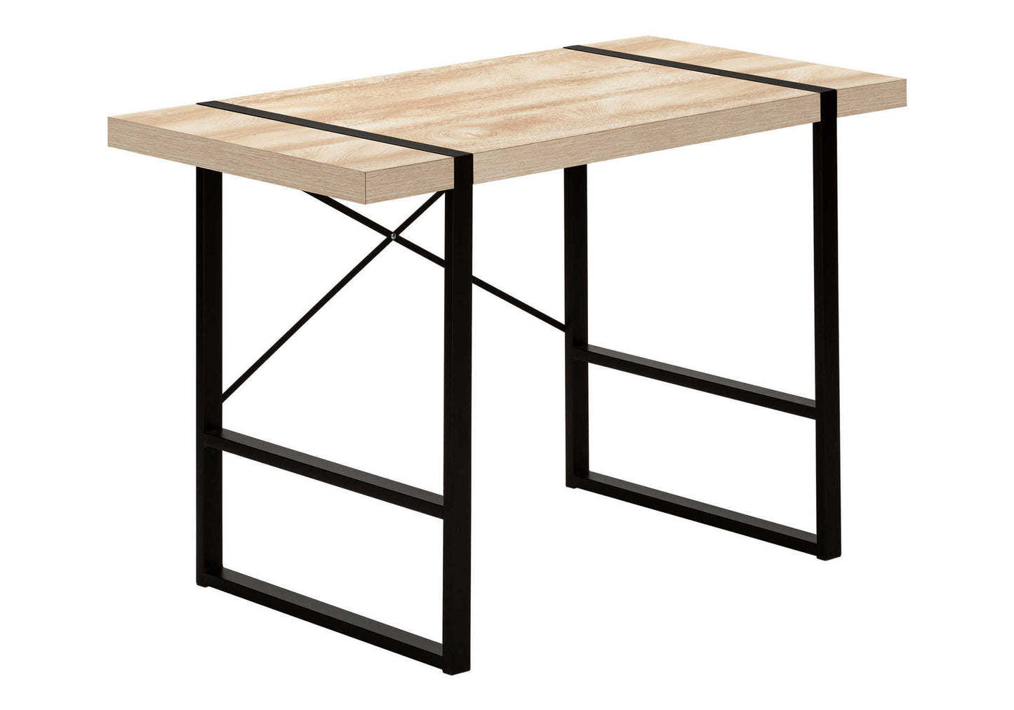 Light woodgrain desk with black metal frame and crisscross supports
