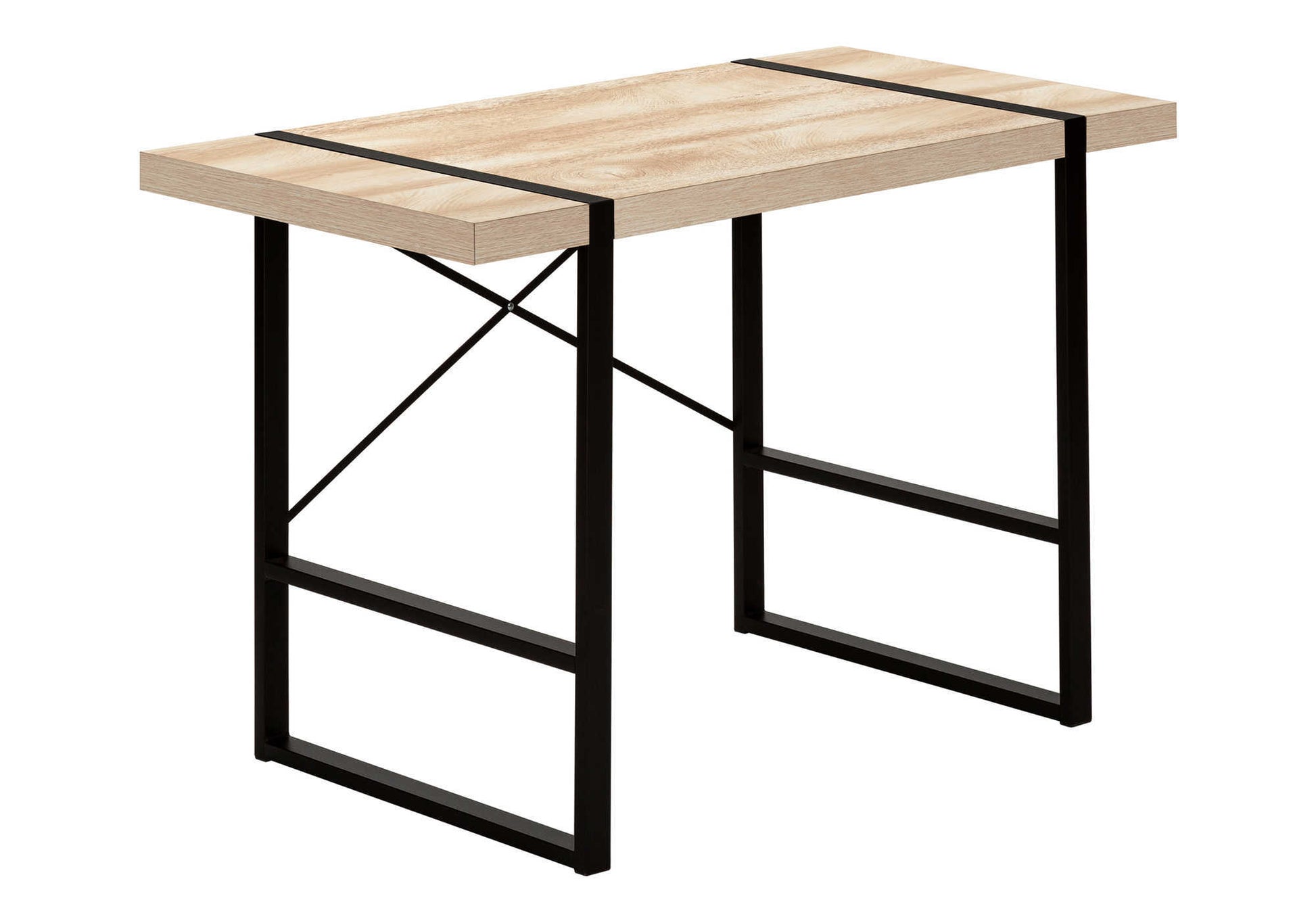Light woodgrain desk with black metal frame and crisscross supports