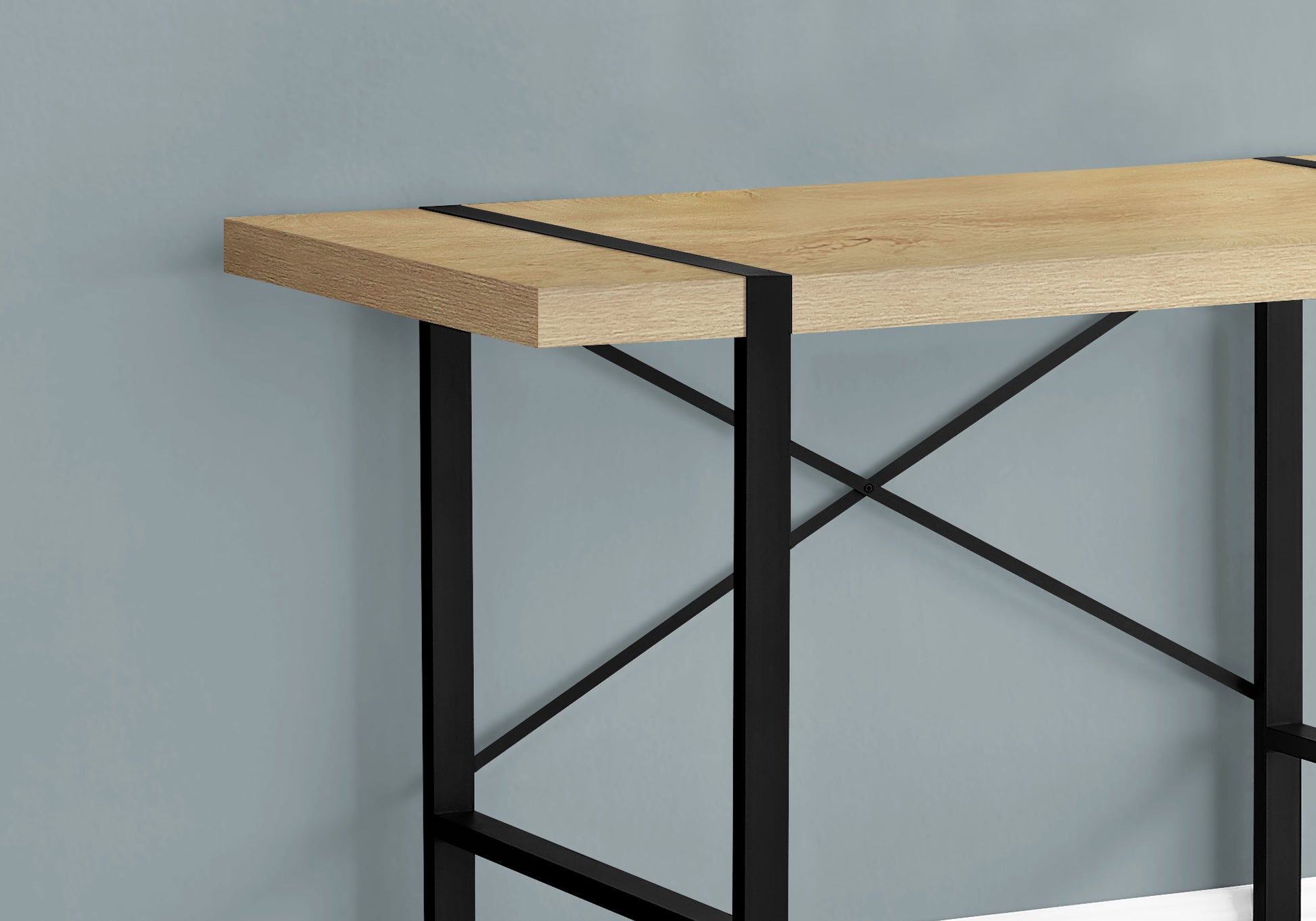 Rustic oak console table with black metal frame and crisscross support