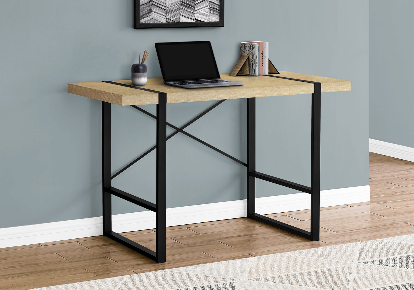 Modern oak veneer desk with black metal frame and crisscross support