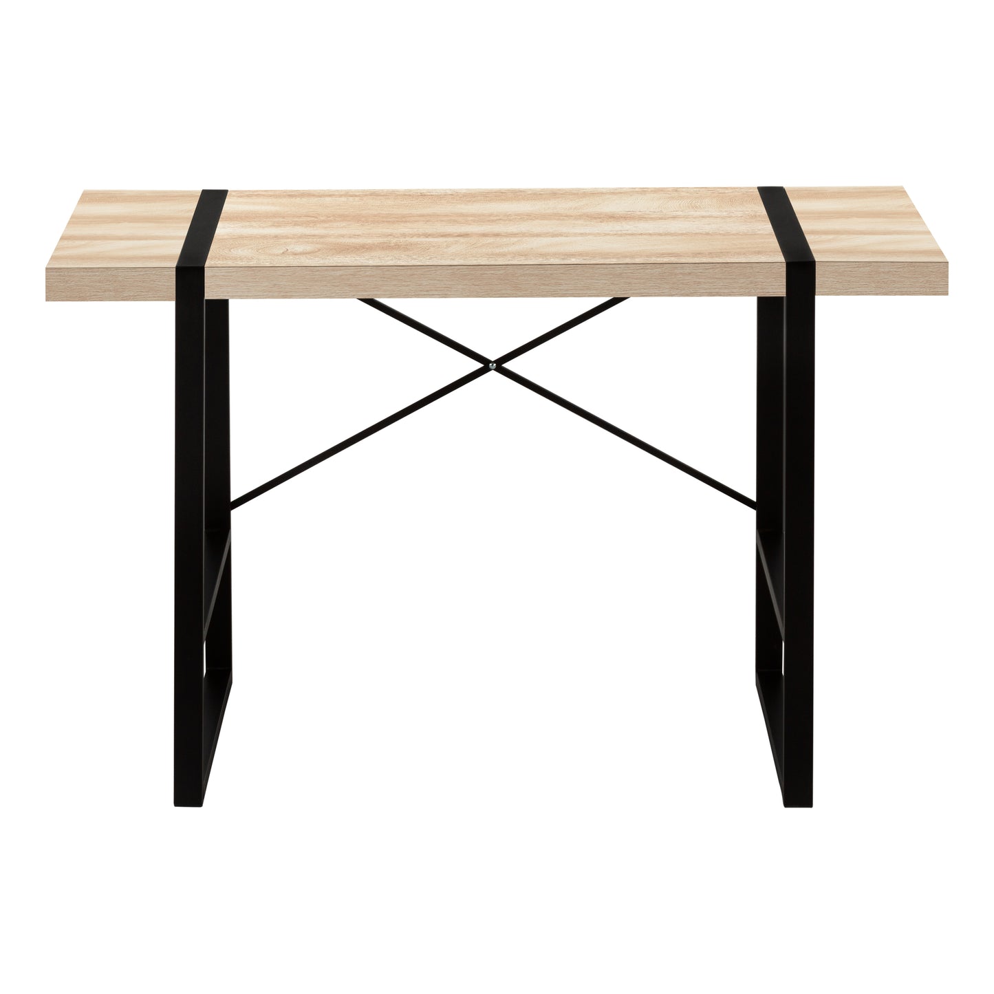 Light oak desk with black metal legs and Xbrace support
