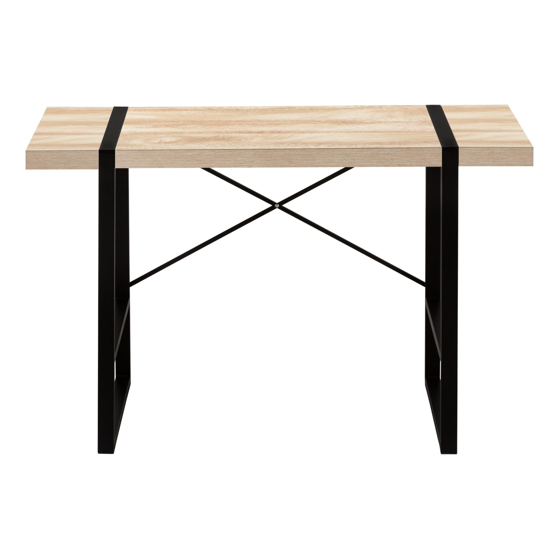 Light oak desk with black metal legs and Xbrace support