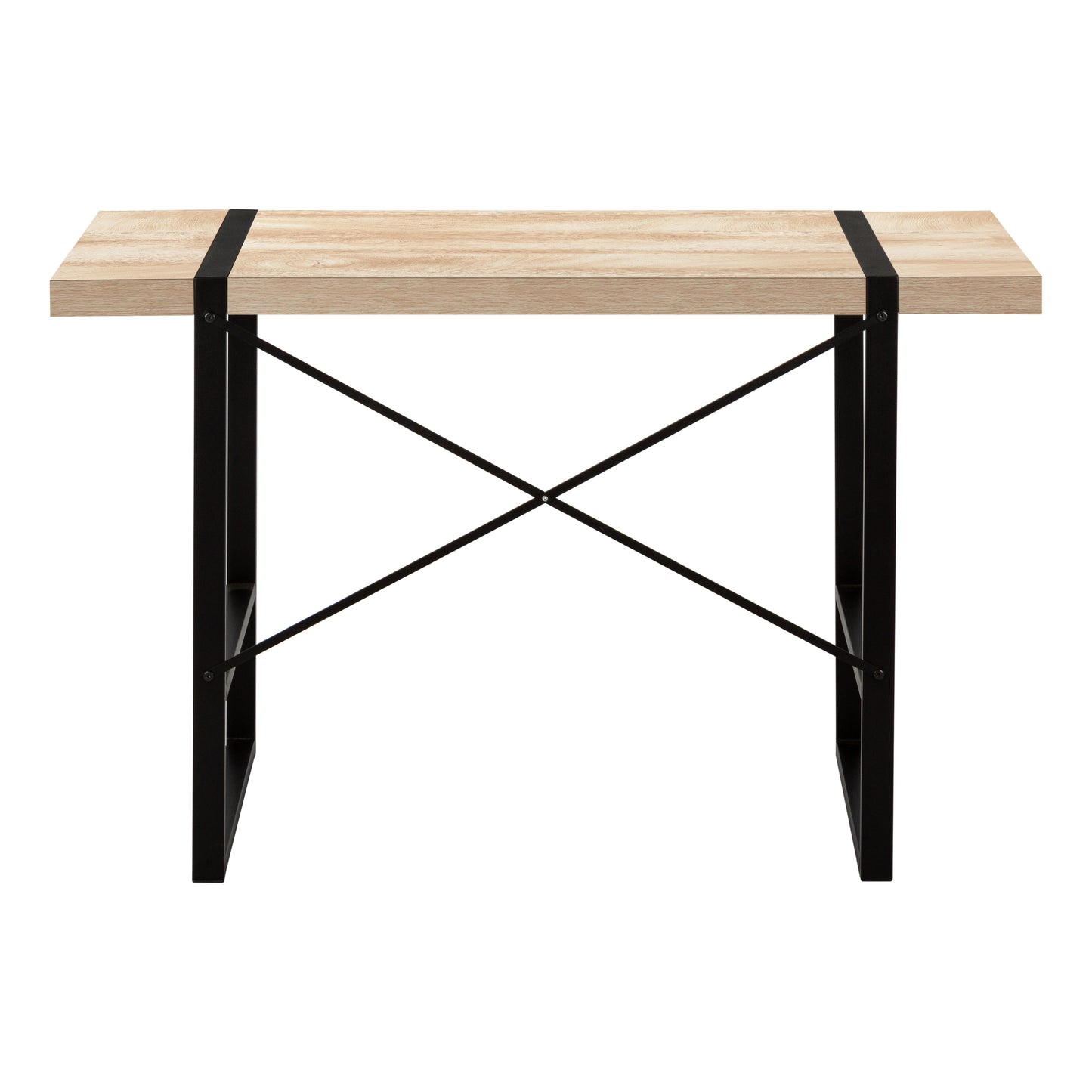 Light oak wood console table with black metal legs and Xbrace detail