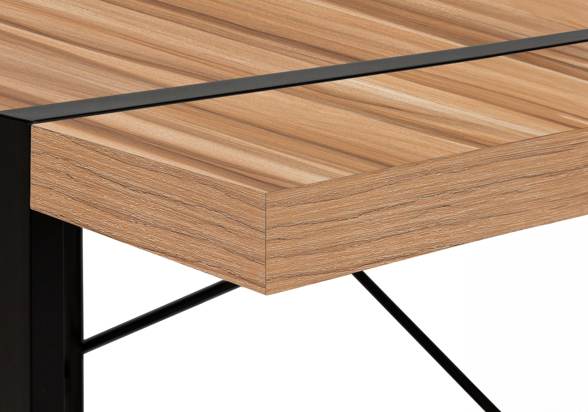 Modern wood grain desk surface with black metal frame detail ideal for home offices