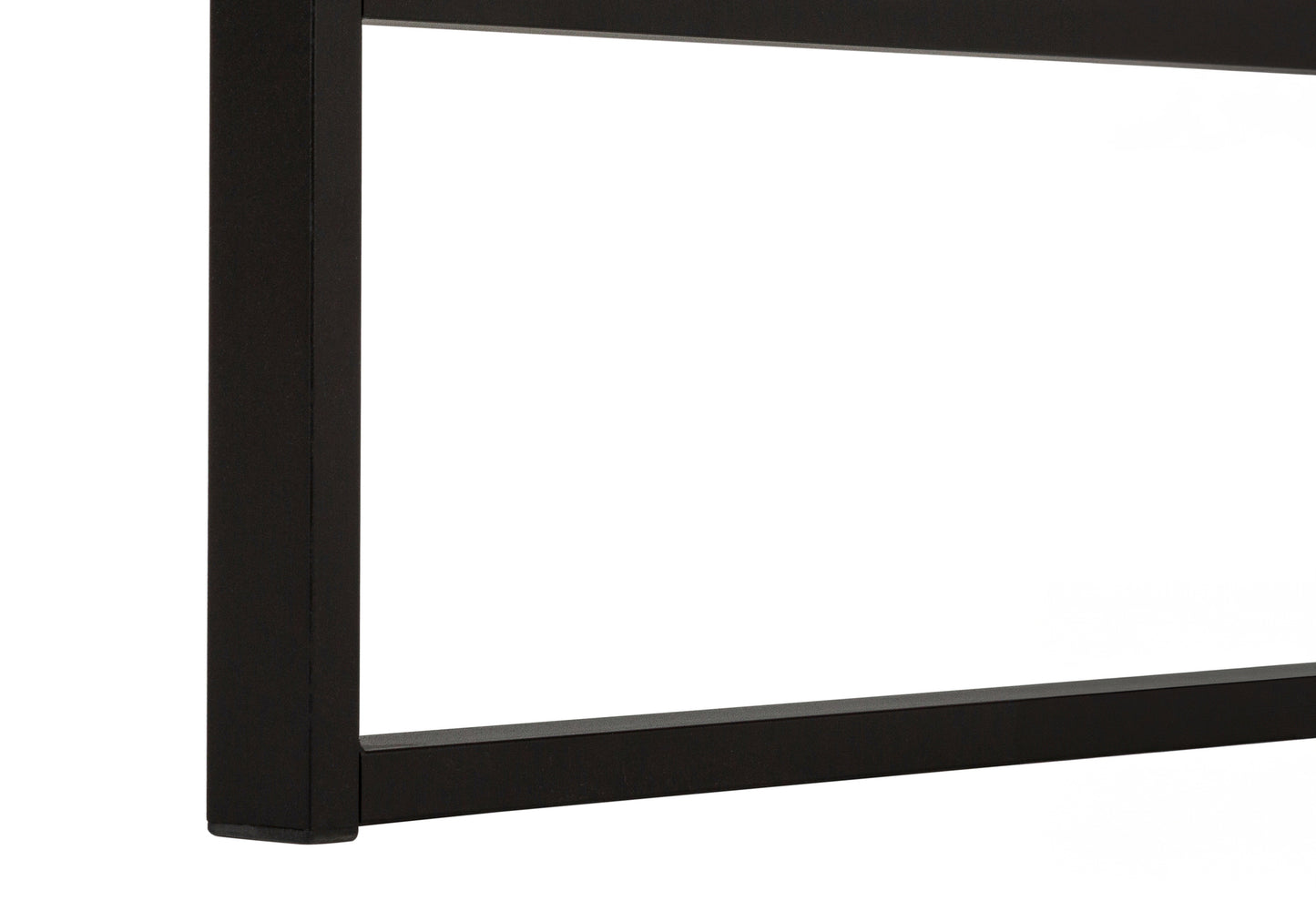 Closeup of matte black metal table leg corner on white background