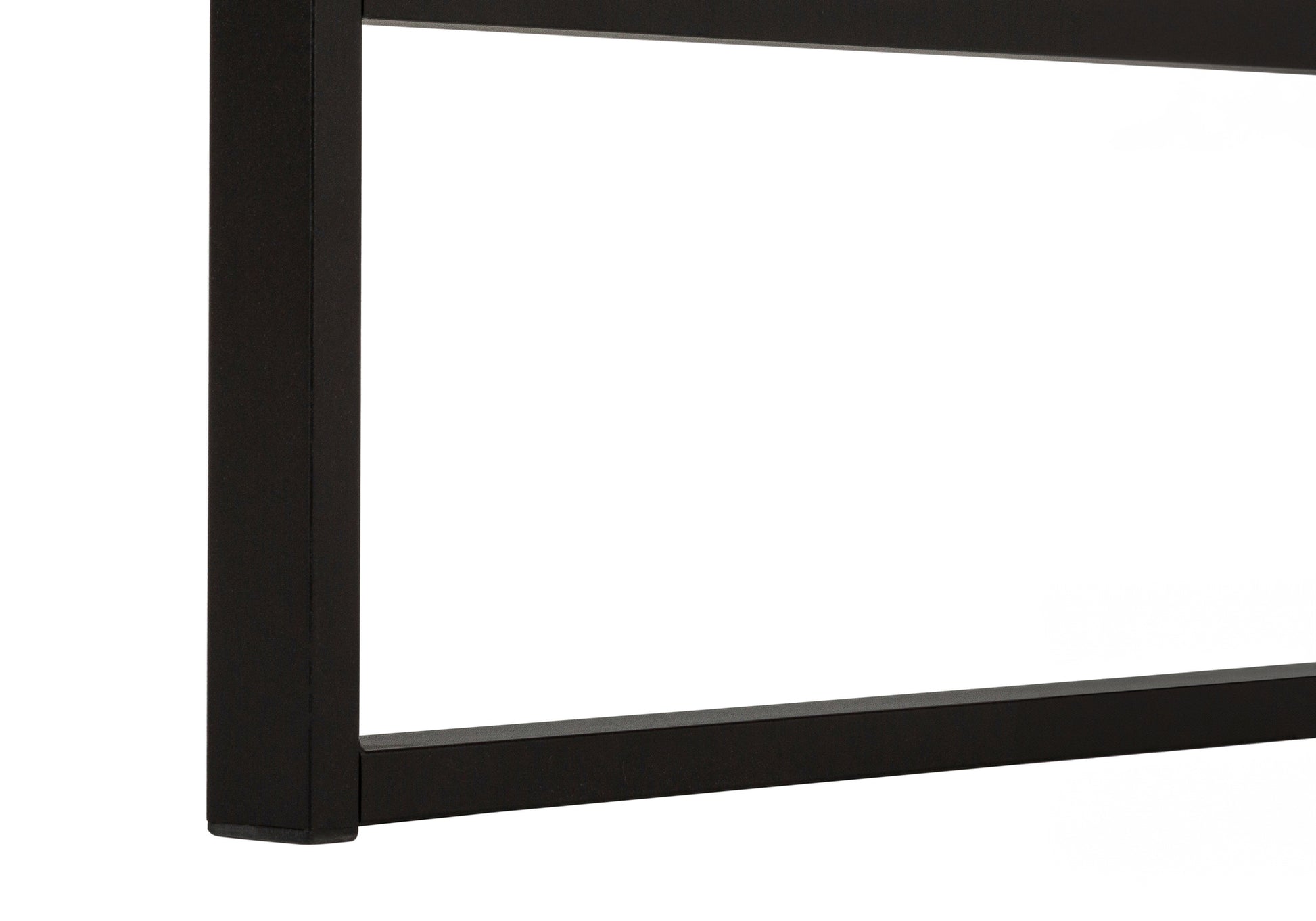 Closeup of matte black metal table leg corner on white background