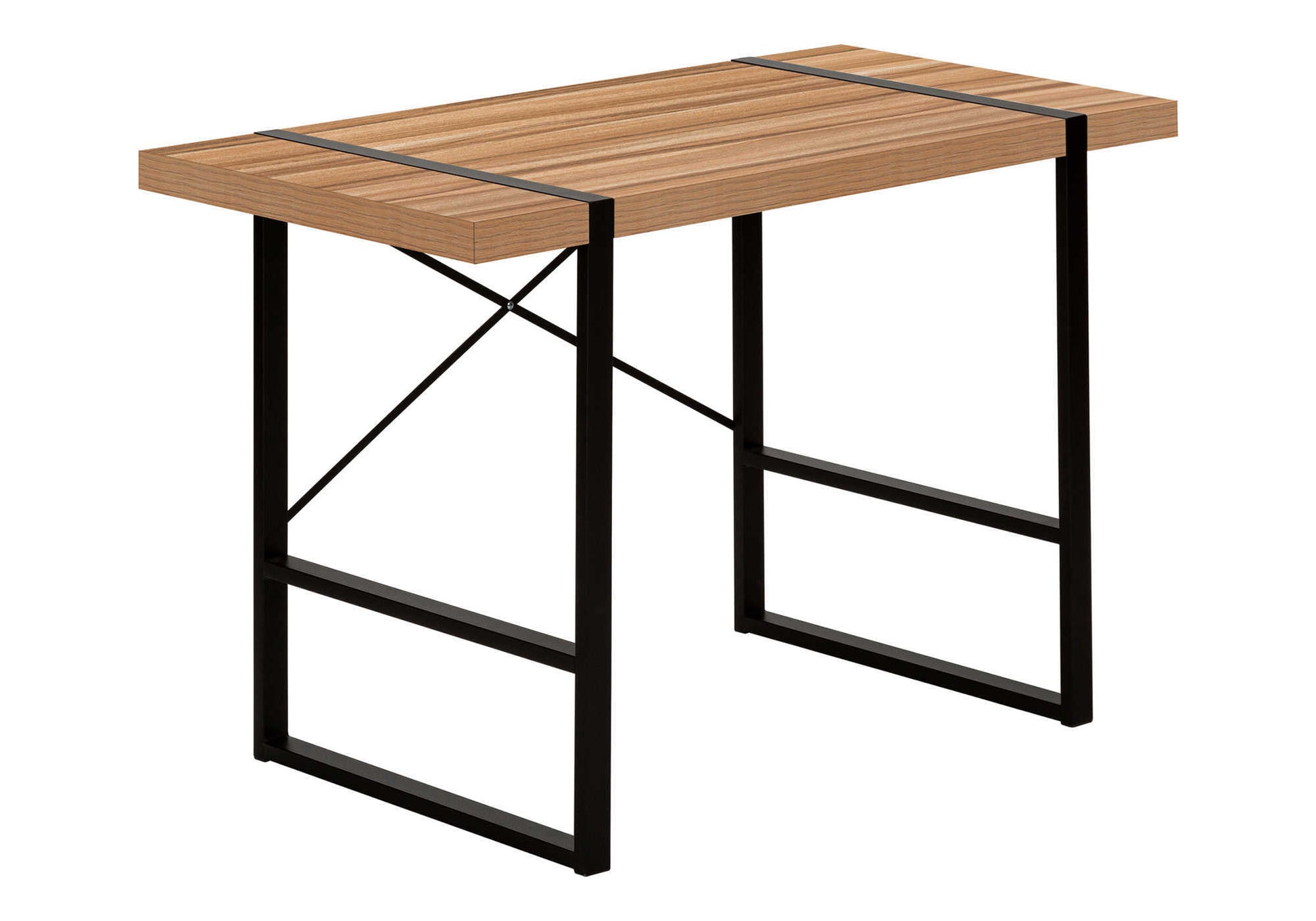 Modern wood top writing desk with black metal frame and cross supports