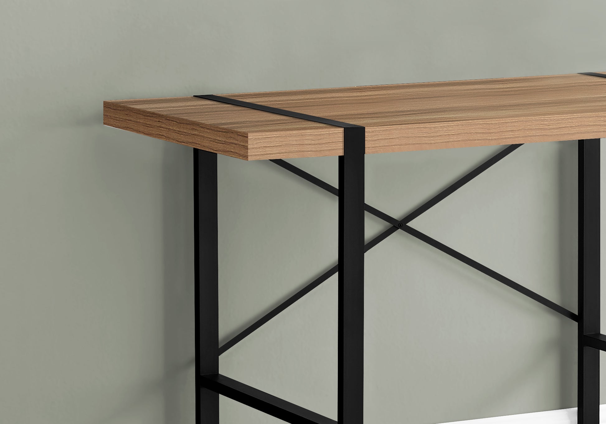 Modern industrial wood desk with black metal frame and legs  characters