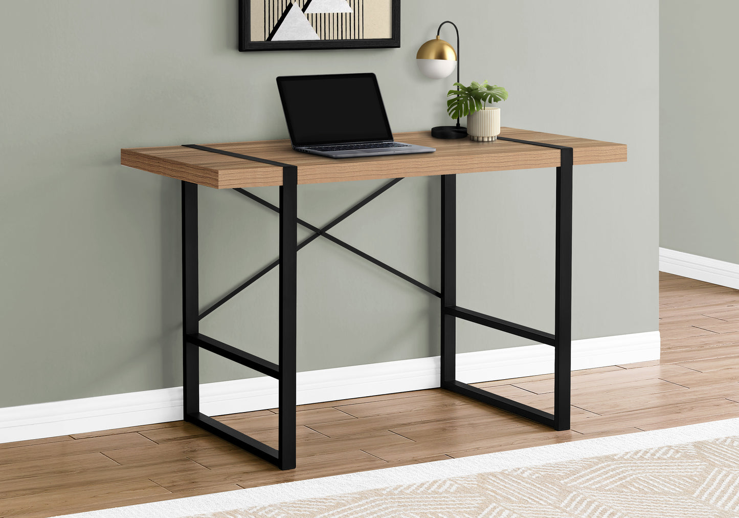 Light oak wood and black metal console desk with modern industrial design