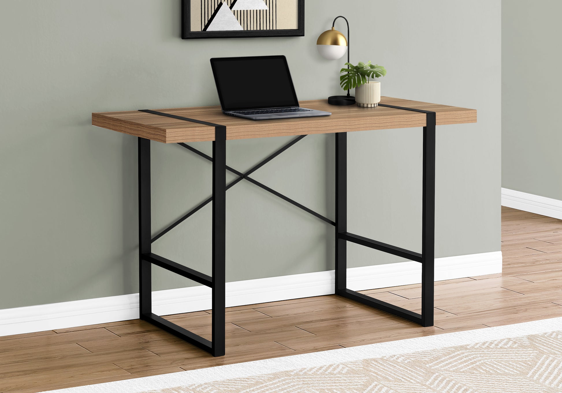 Light oak wood and black metal console desk with modern industrial design