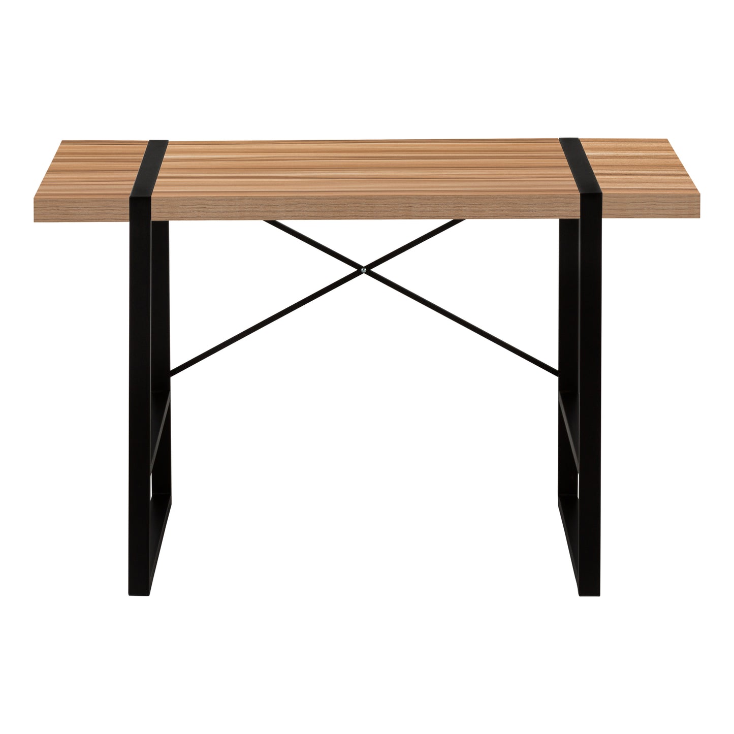 Minimalist oak veneer desk with black metal legs and crisscross support