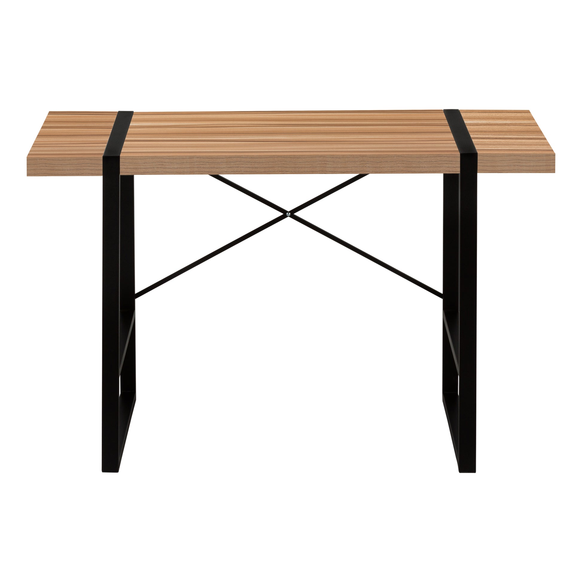 Minimalist oak veneer desk with black metal legs and crisscross support