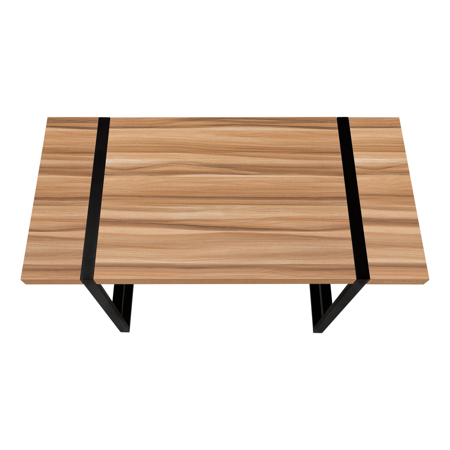 Modern wooden coffee table with black metal legs and accents