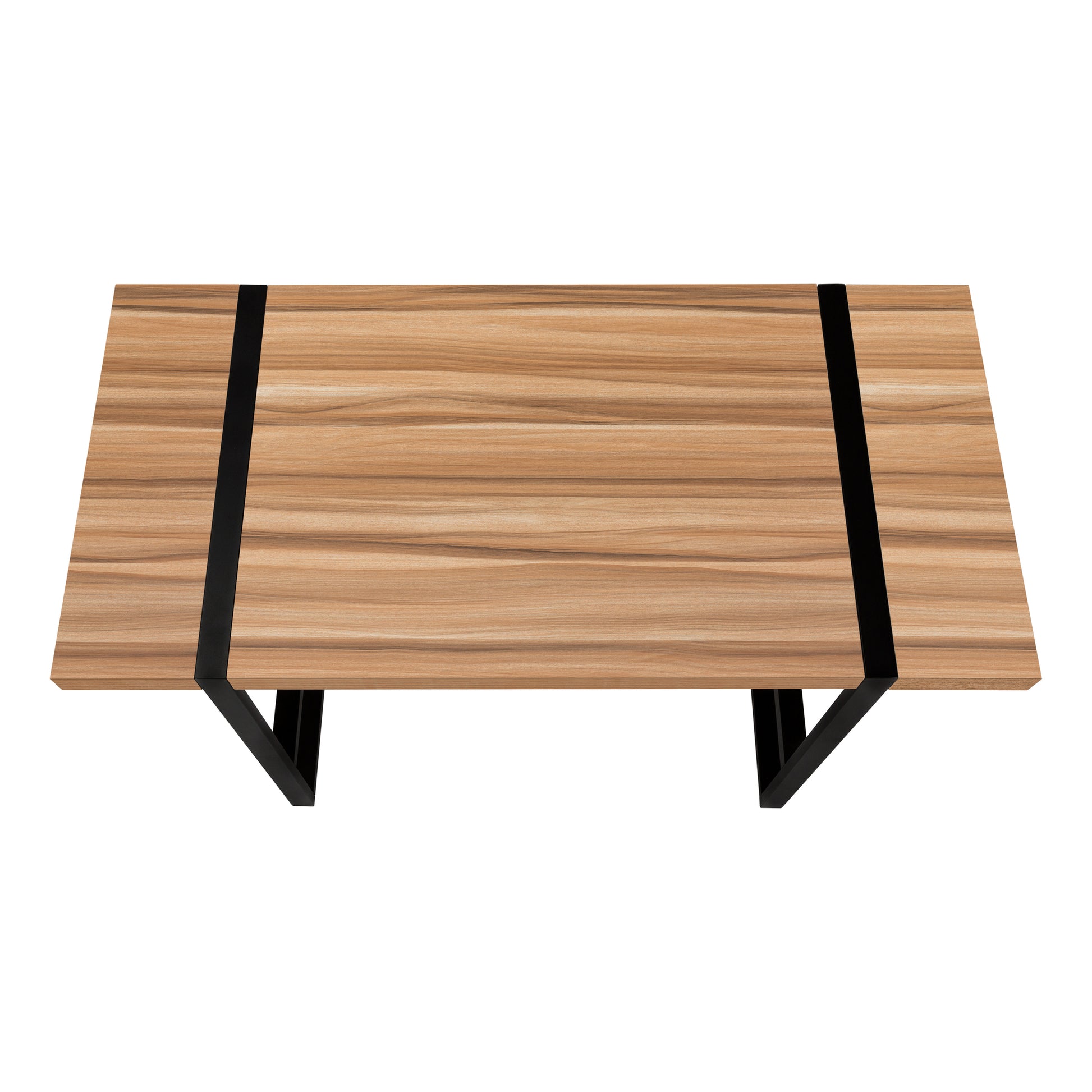 Modern wooden coffee table with black metal legs and accents