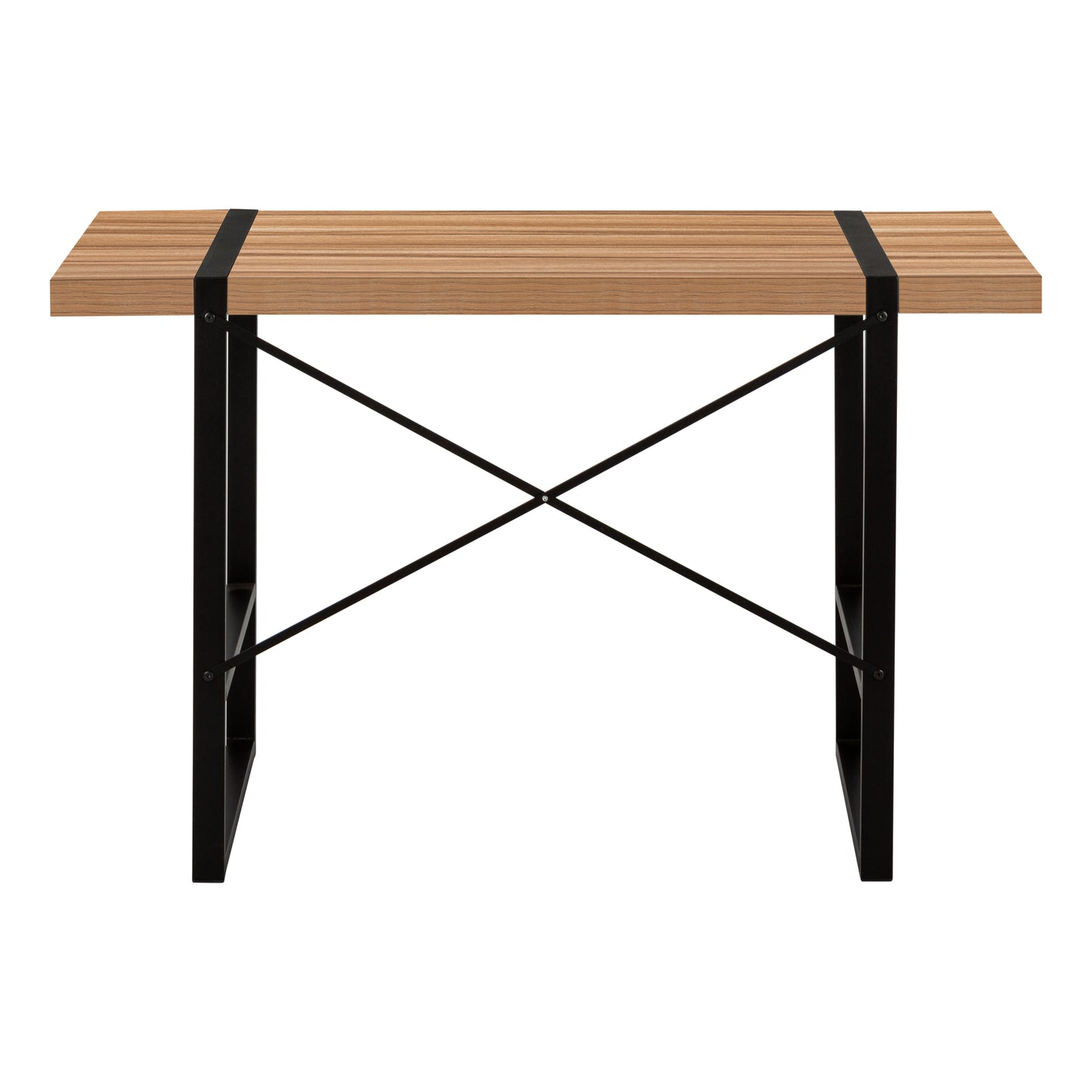 Modern writing desk with light oak laminate top and black metal frame