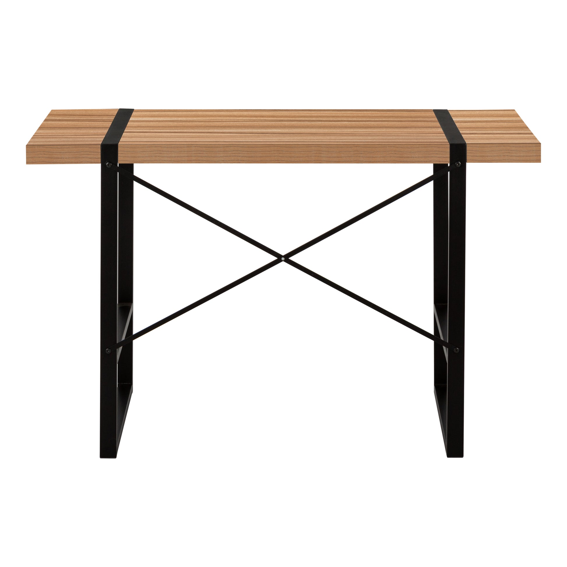Modern writing desk with light oak laminate top and black metal frame