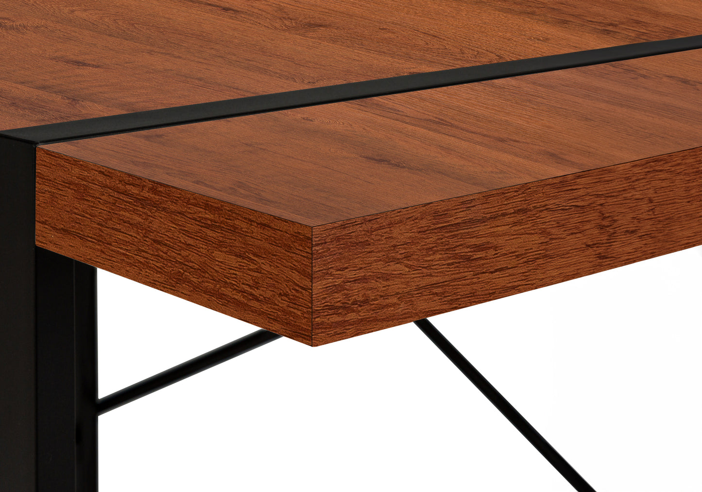 Wood grain desk surface with black metal accents and frame