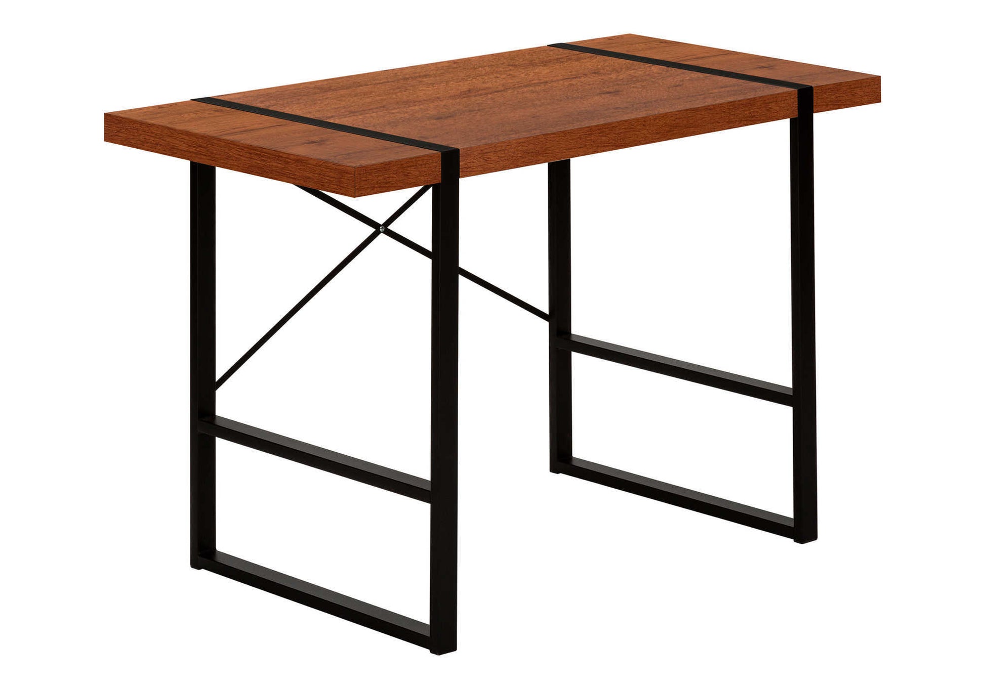 Industrialstyle writing desk with a rich wood grain top and black metal frame