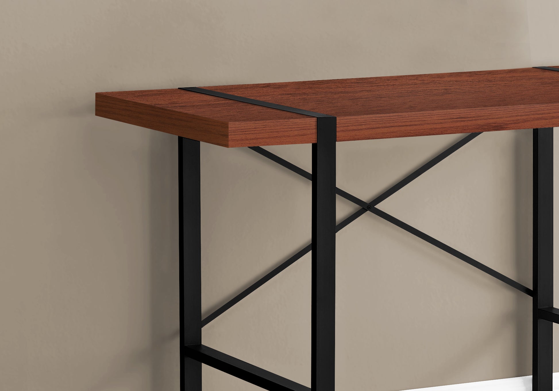 Wooden console table with black metal legs and Xbrace support