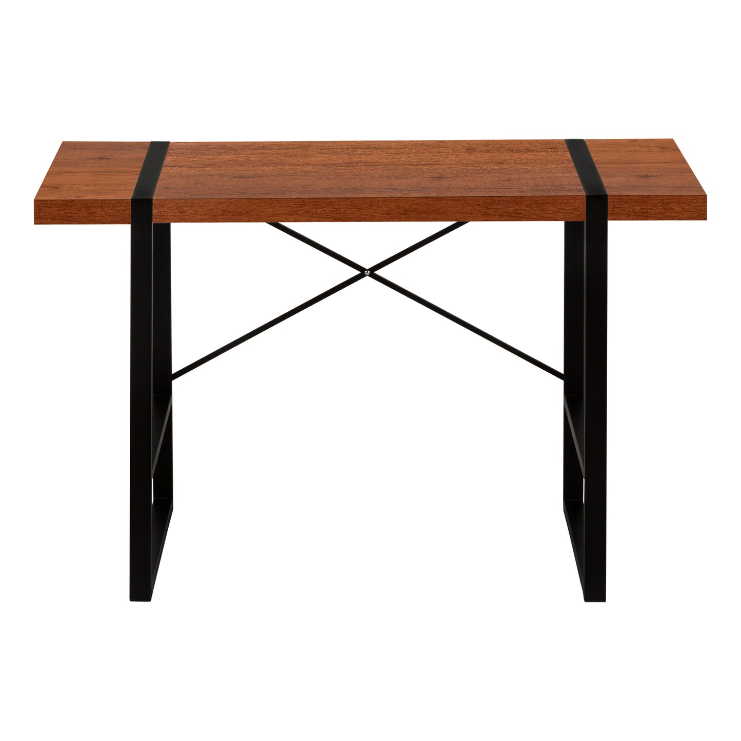 Rustic wood grain desk with black metal frame and cross brace support