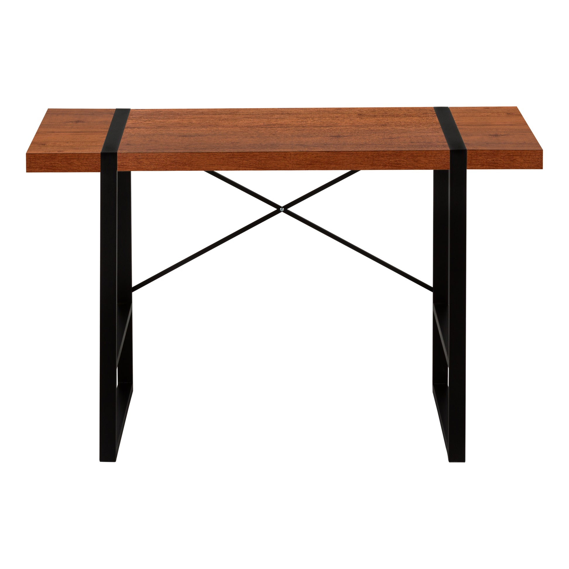 Rustic wood grain desk with black metal frame and cross brace support