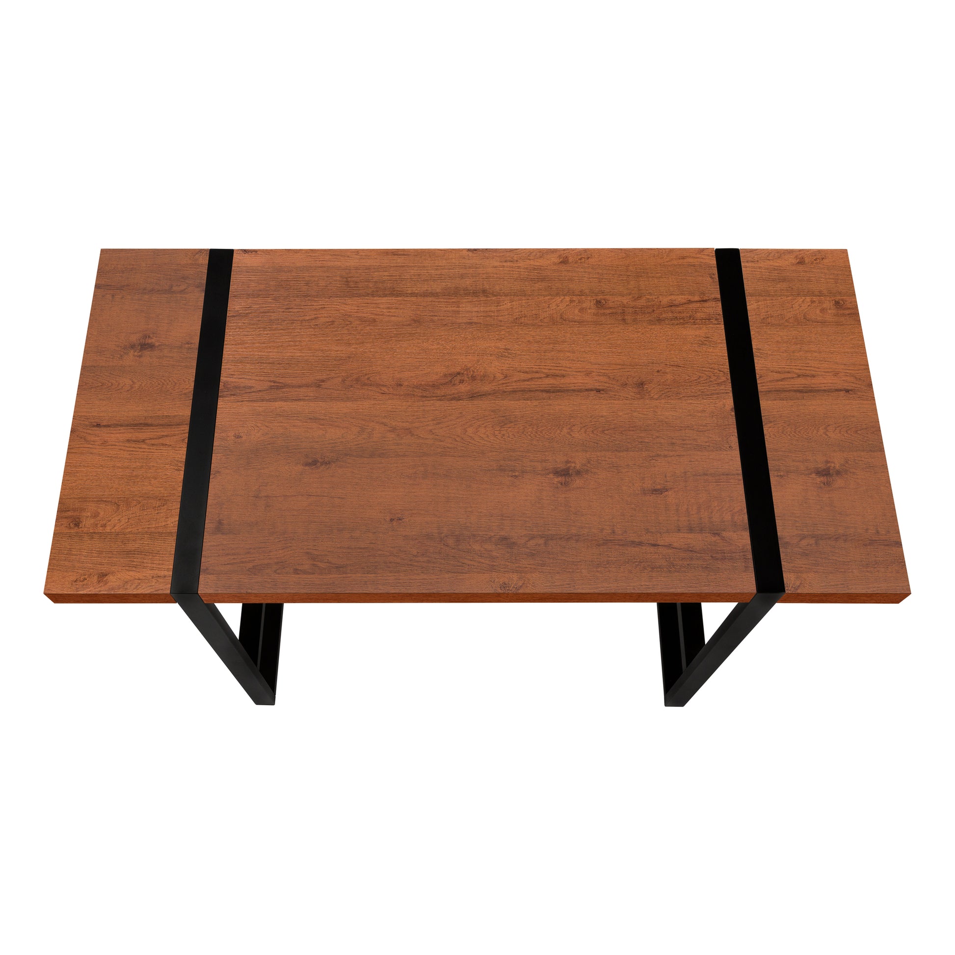 Rectangular wood coffee table with dark metal legs and black accents