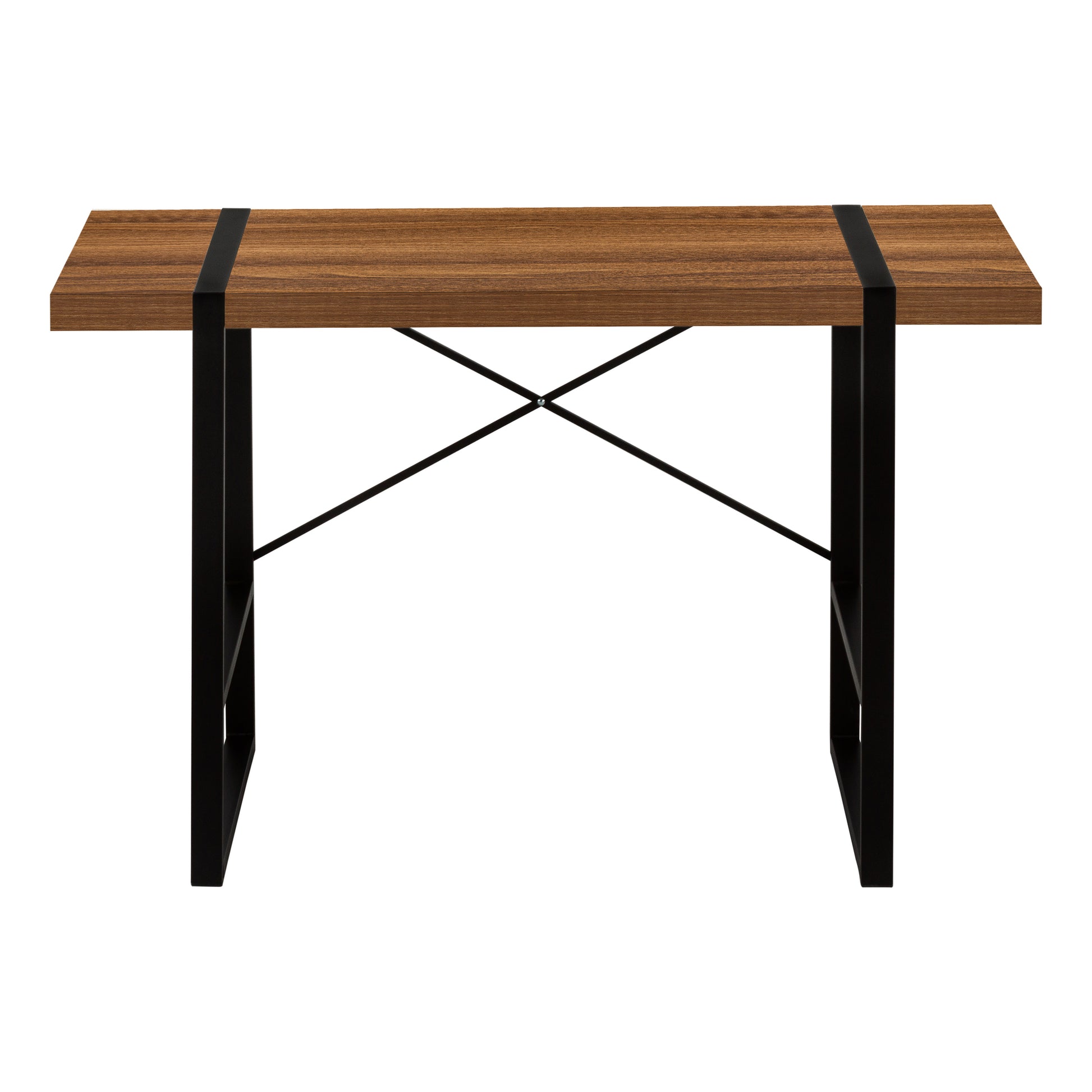 Modern walnut finish writing desk with black metal frame and legs