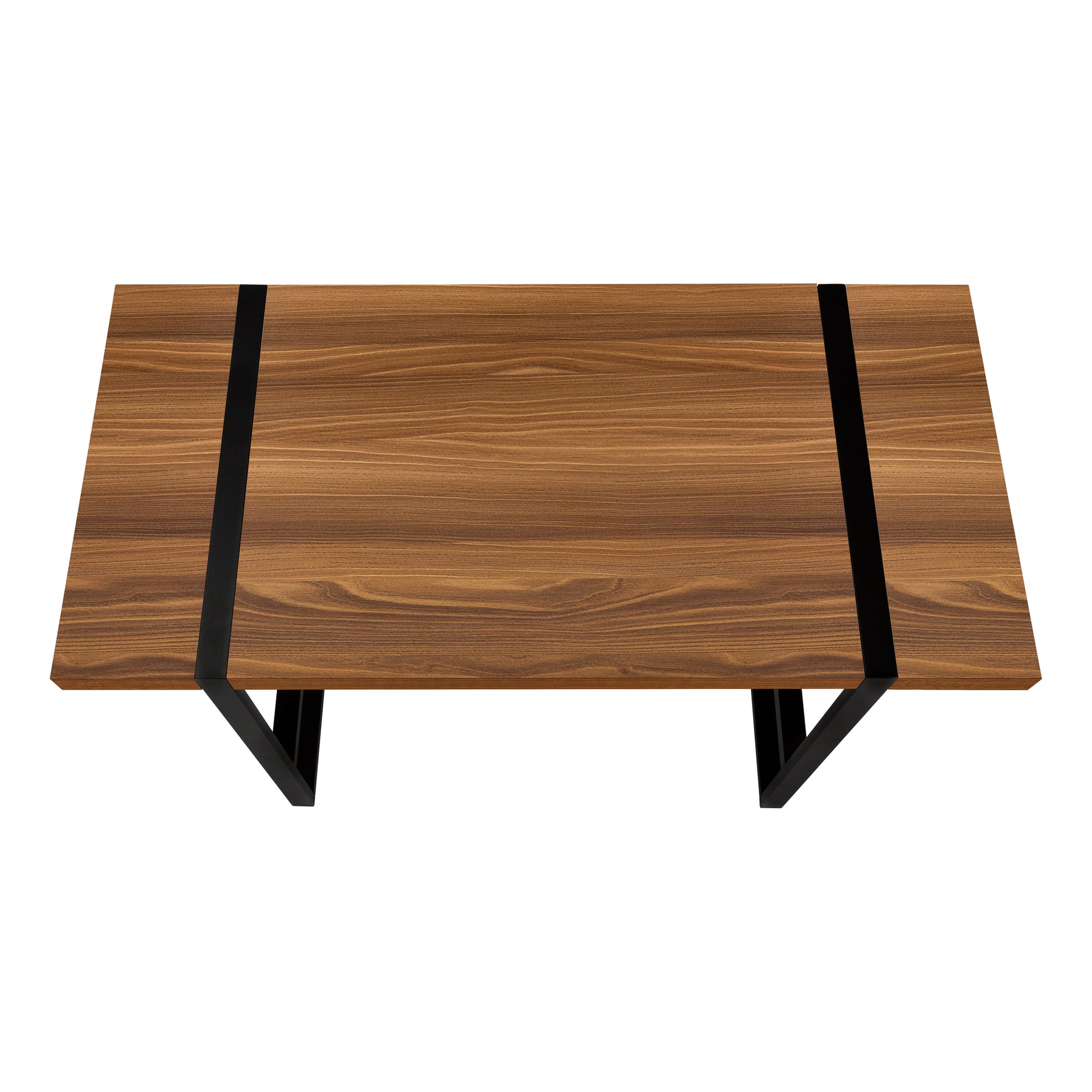 Modern coffee table with rich walnut veneer top and sleek black metal legs for living room