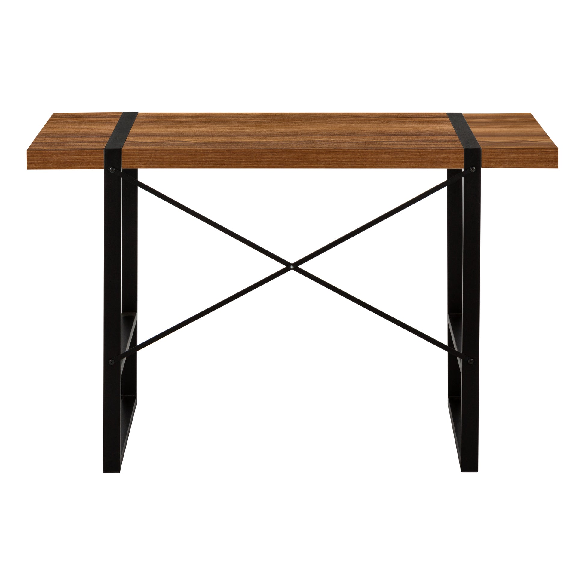 Industrial style console table with rich walnut wood top and black metal frame