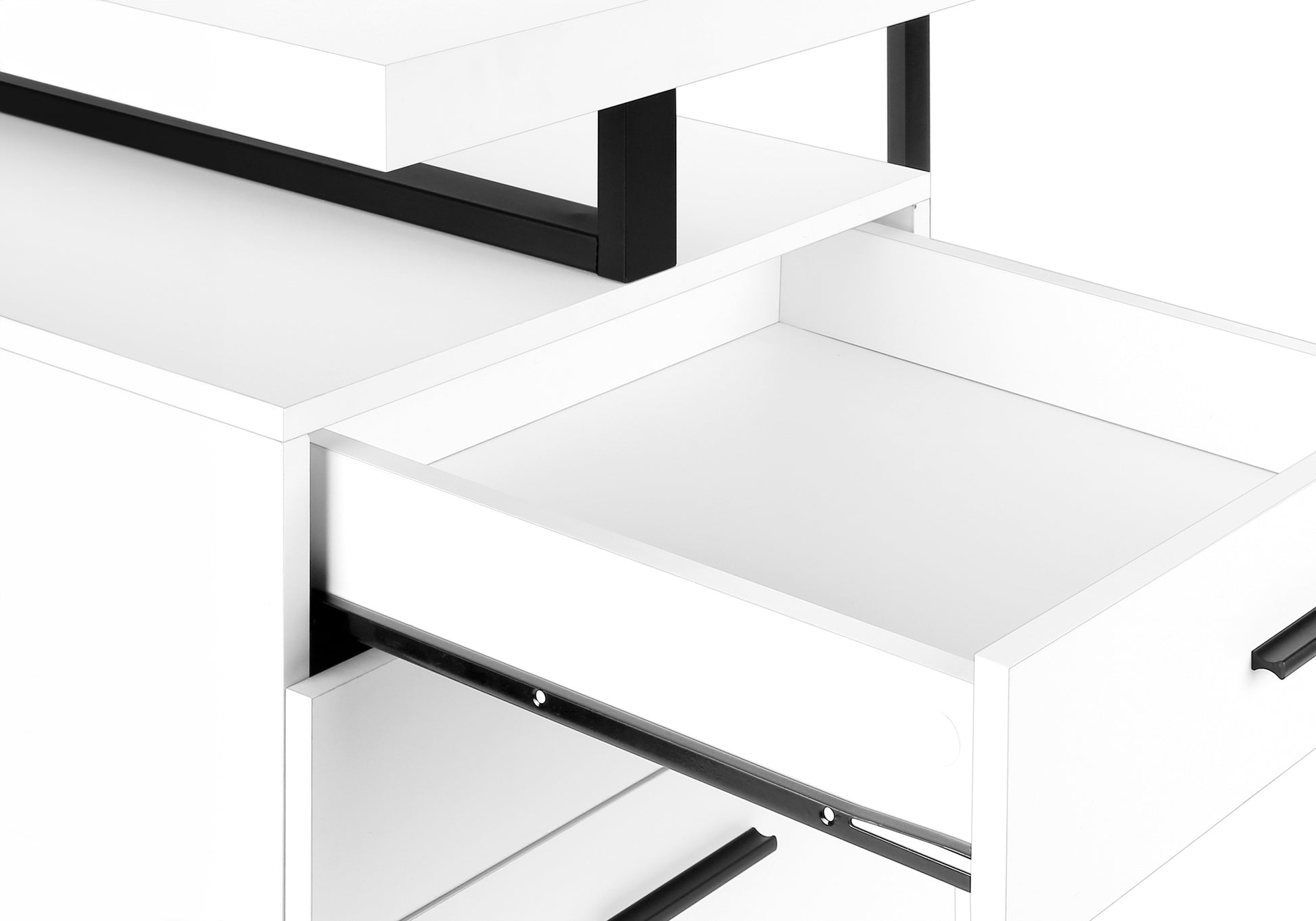 Modern white dresser with black hardware and an open drawer showing smooth metal glides