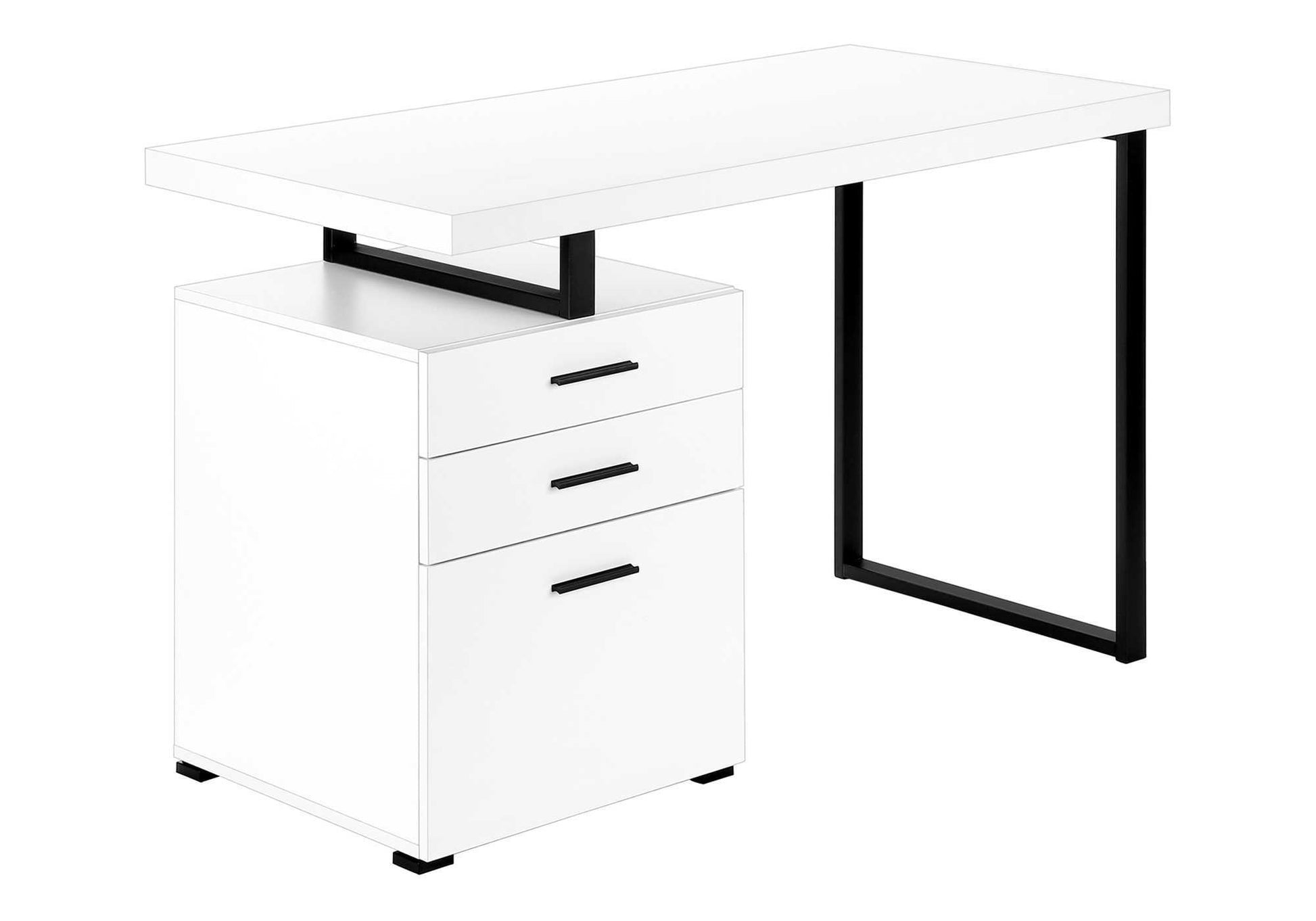 Modern white desk with black metal legs and three drawers for home office storage