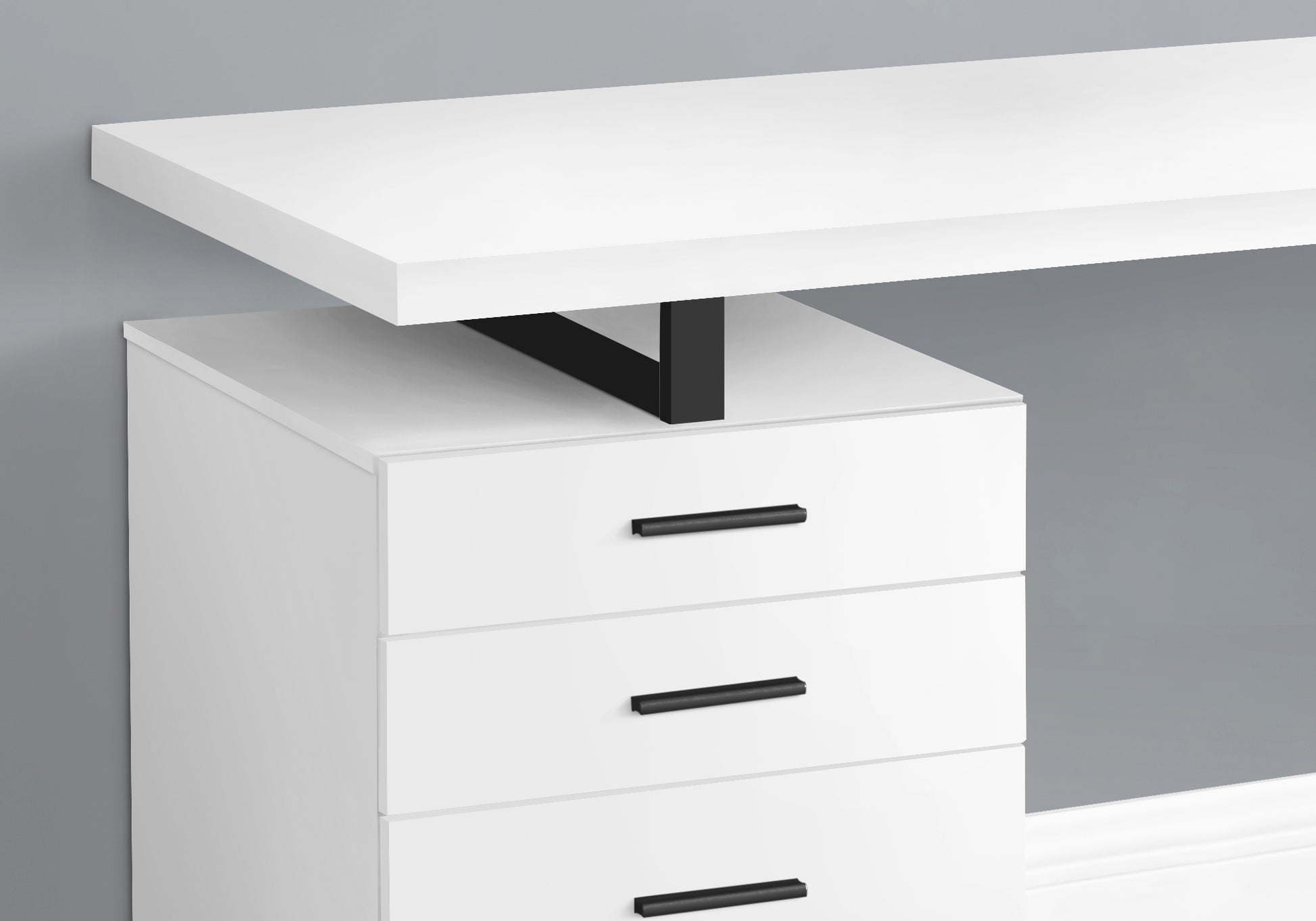White modern writing desk with three drawers and black metal support
