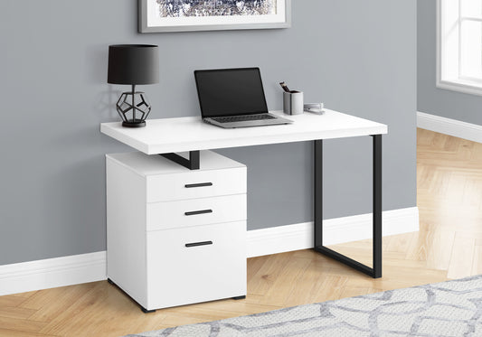 White modern desk with a black metal frame and a threedrawer filing cabinet