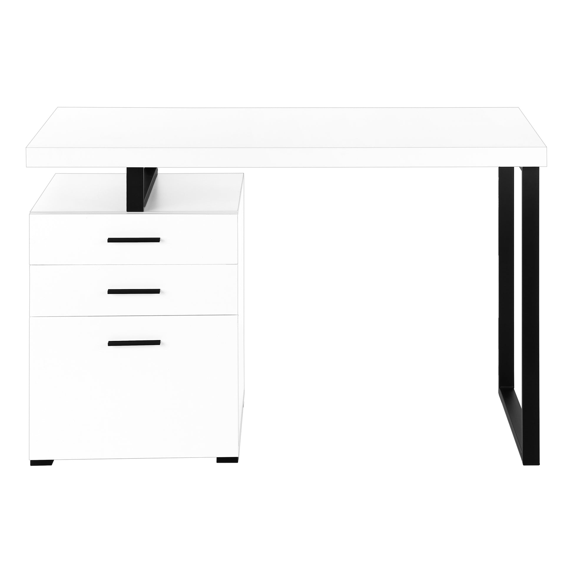 Modern white desk with three blackhandle drawers and black metal legs ideal for home office