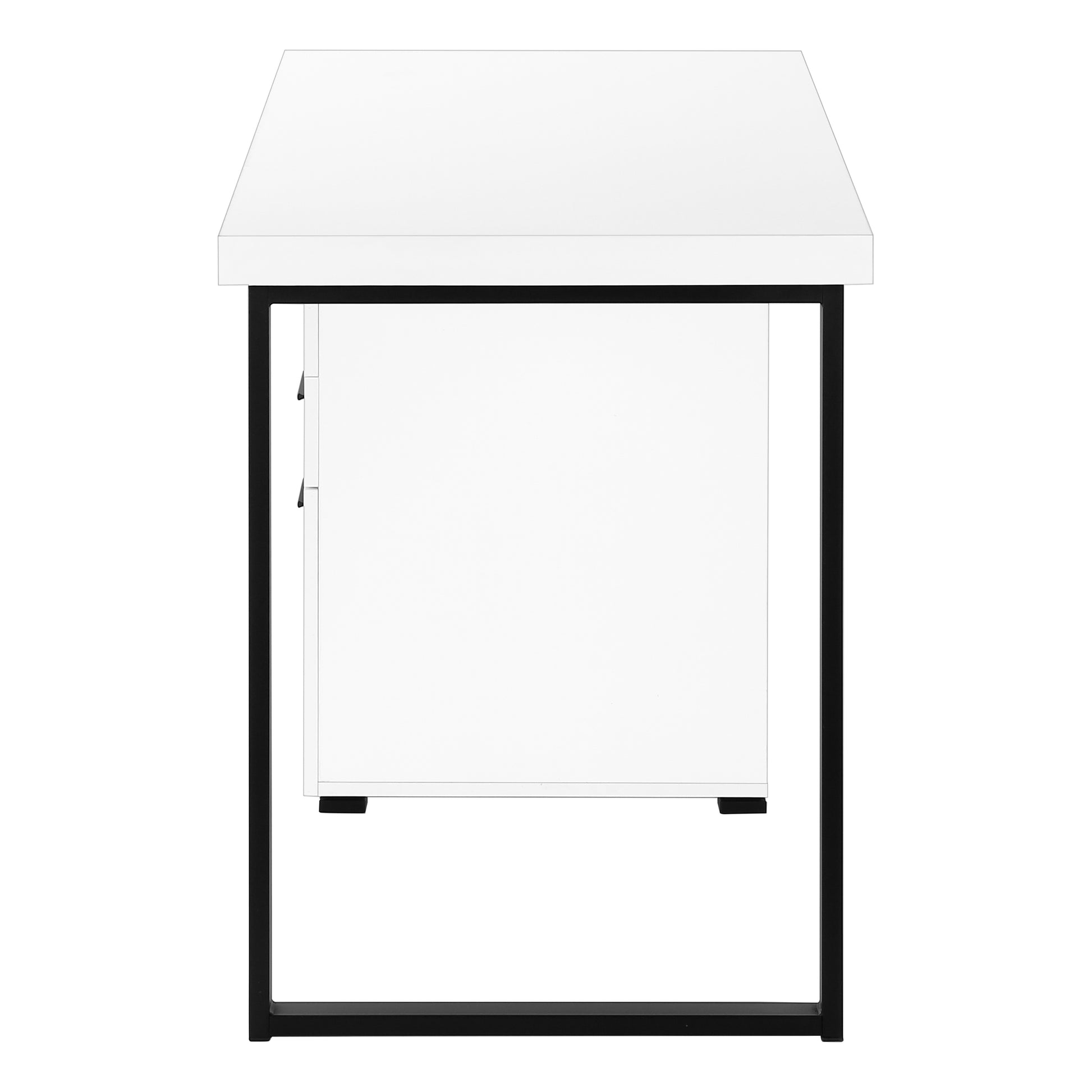 Modern white desk with black metal frame and drawer