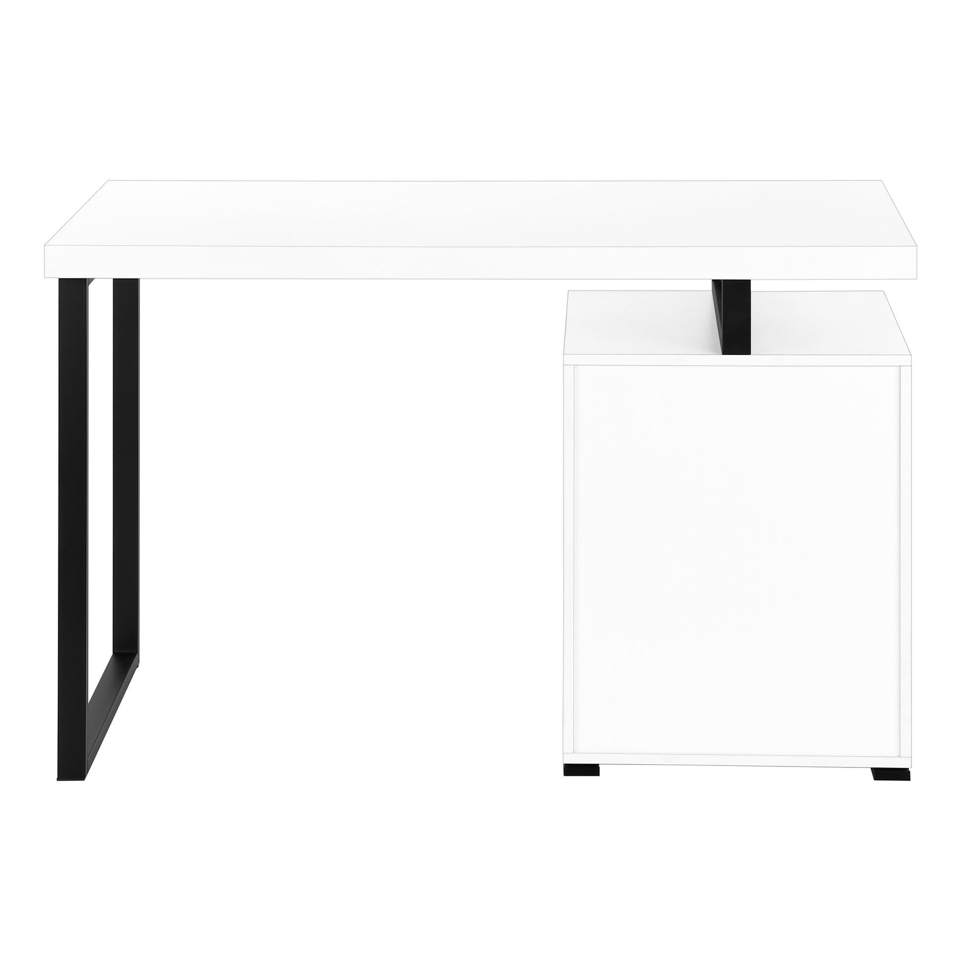 White modern desk with black metal legs and integrated drawer unit