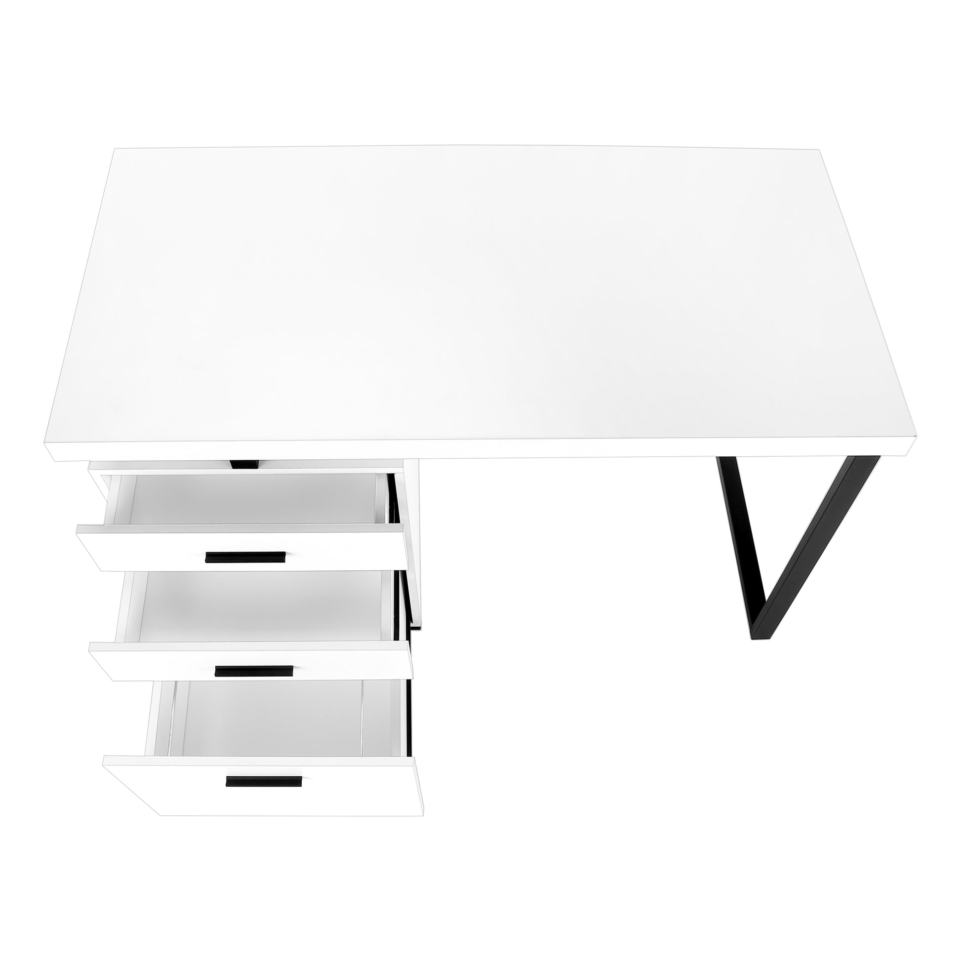 Modern white desk with three open drawers and black metal legs