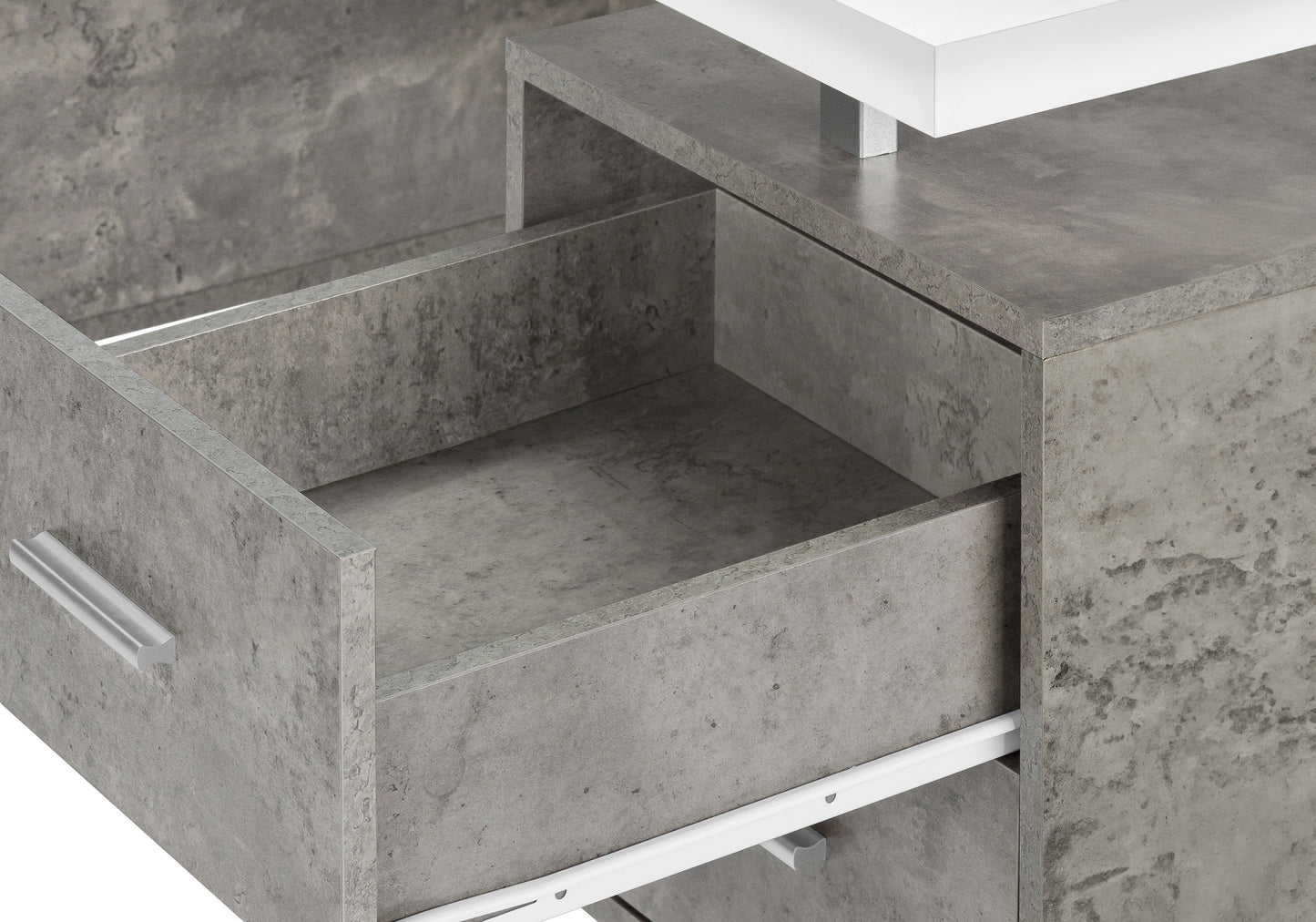 Grey concrete effect dresser drawer open with silver handle modern furniture