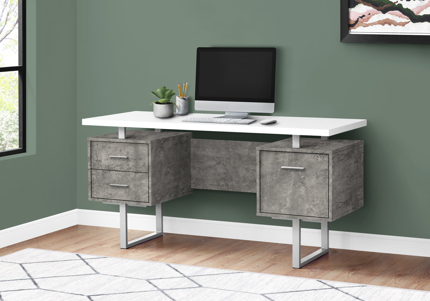 Modern concrete effect desk with white top and silver legs featuring two drawer units