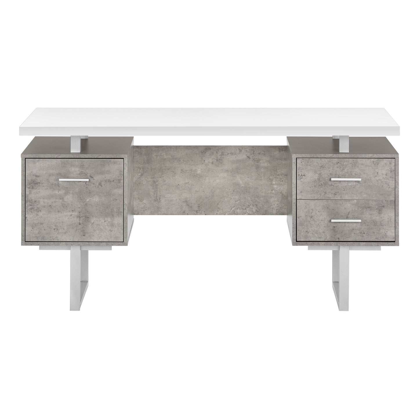 Modern white top desk with grey concrete finish drawers and chrome handles
