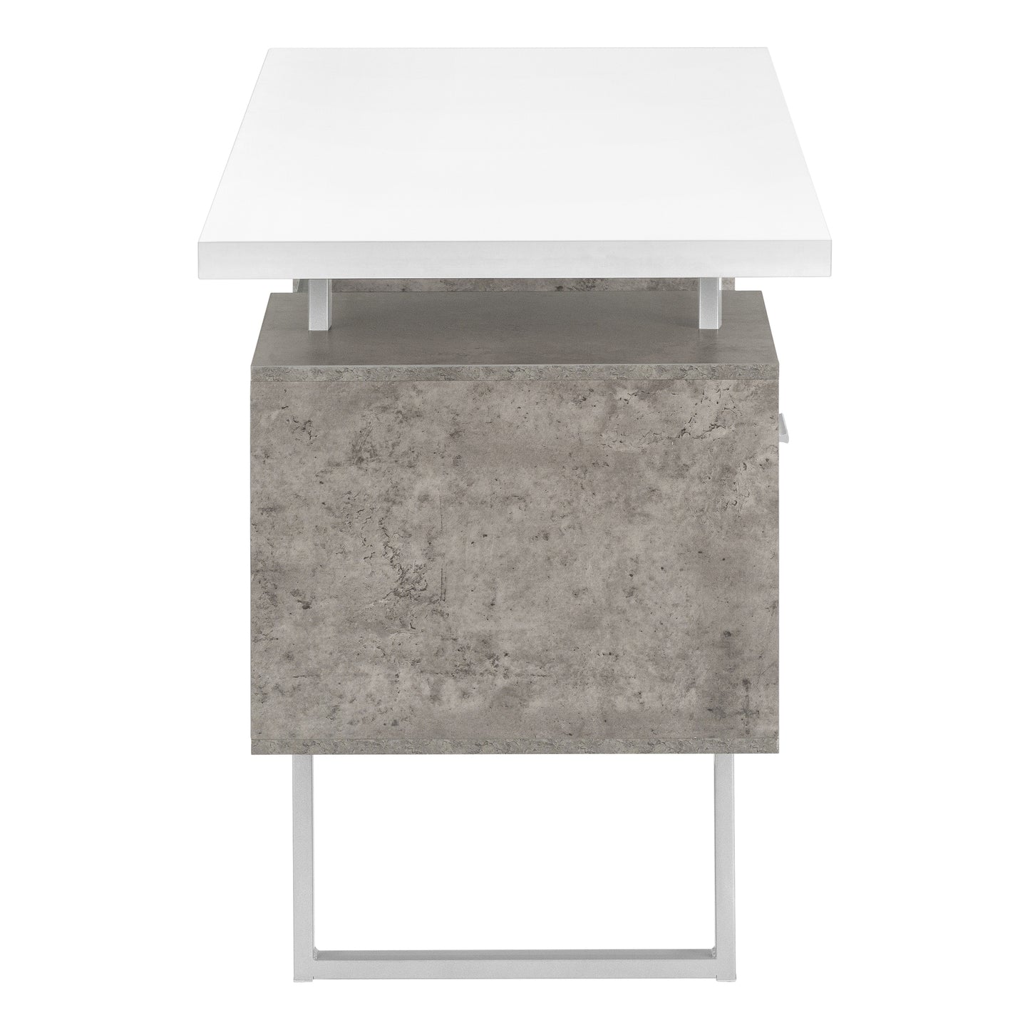 Modern desk with white laminate top and concretelook pedestal base on silver metal legs
