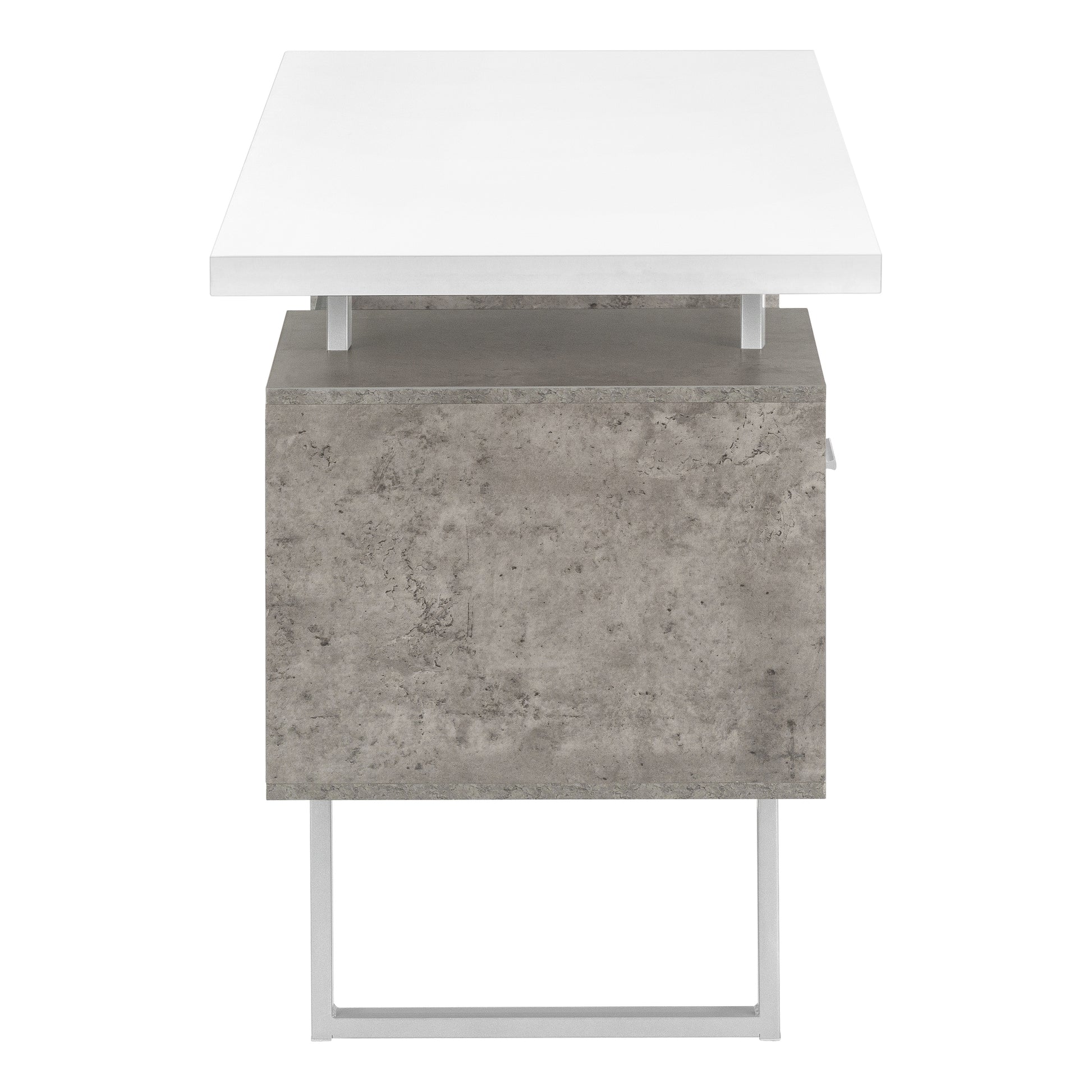 Modern desk with white laminate top and concretelook pedestal base on silver metal legs