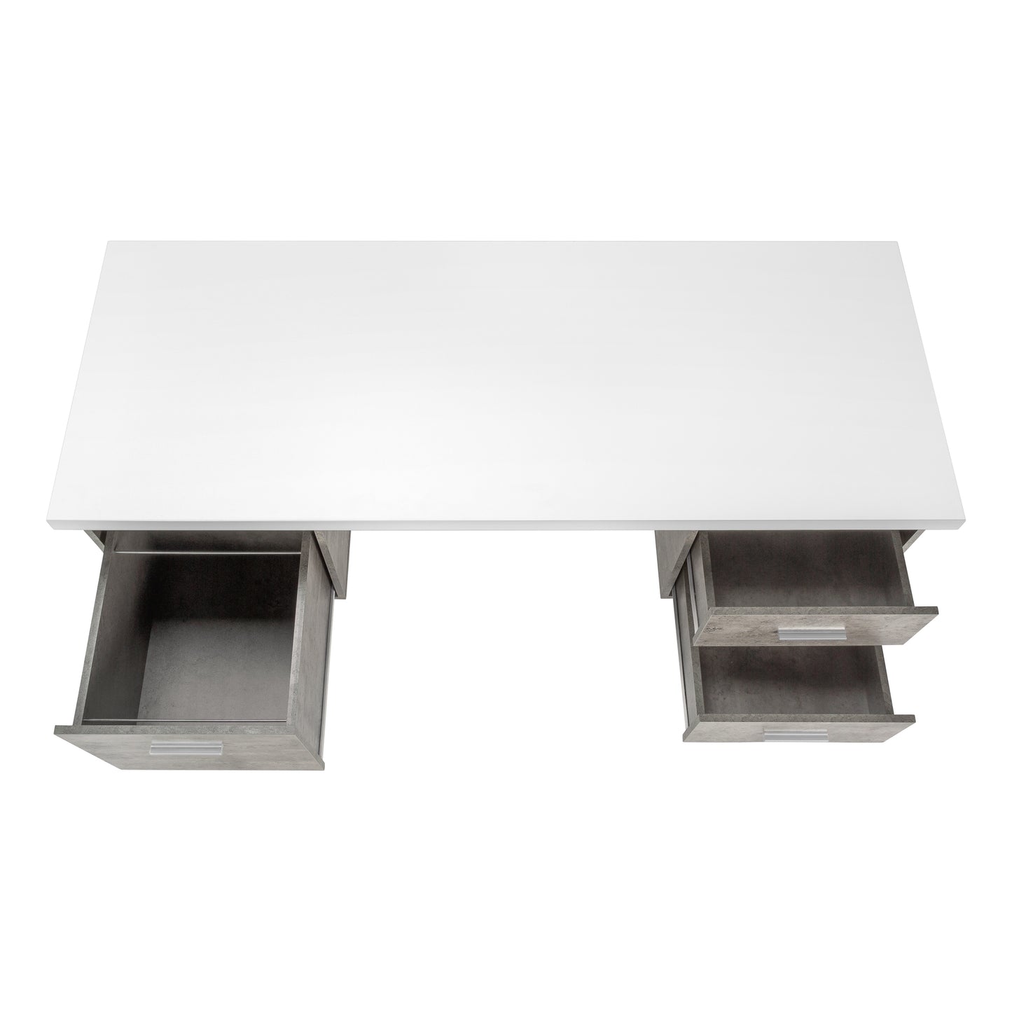 White top desk with two open concretelook drawers on one side and one open drawer on the other