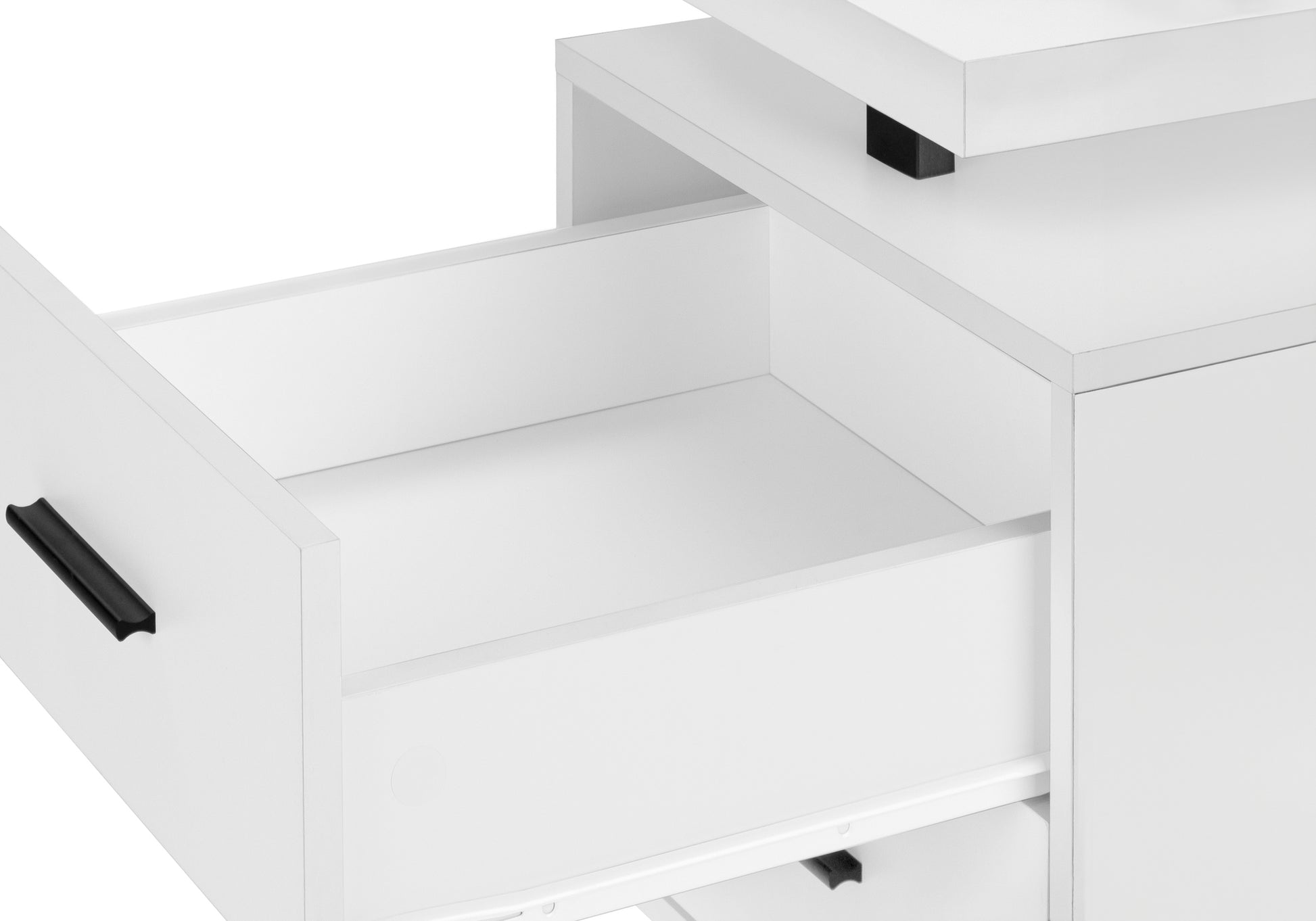 White modern dresser with open drawer and black pull handle