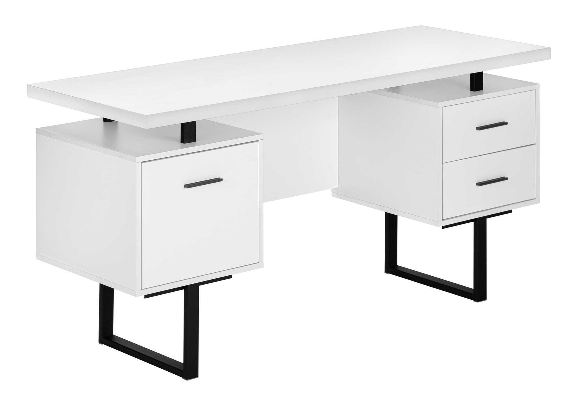 Modern white executive desk with black metal legs and drawer pulls