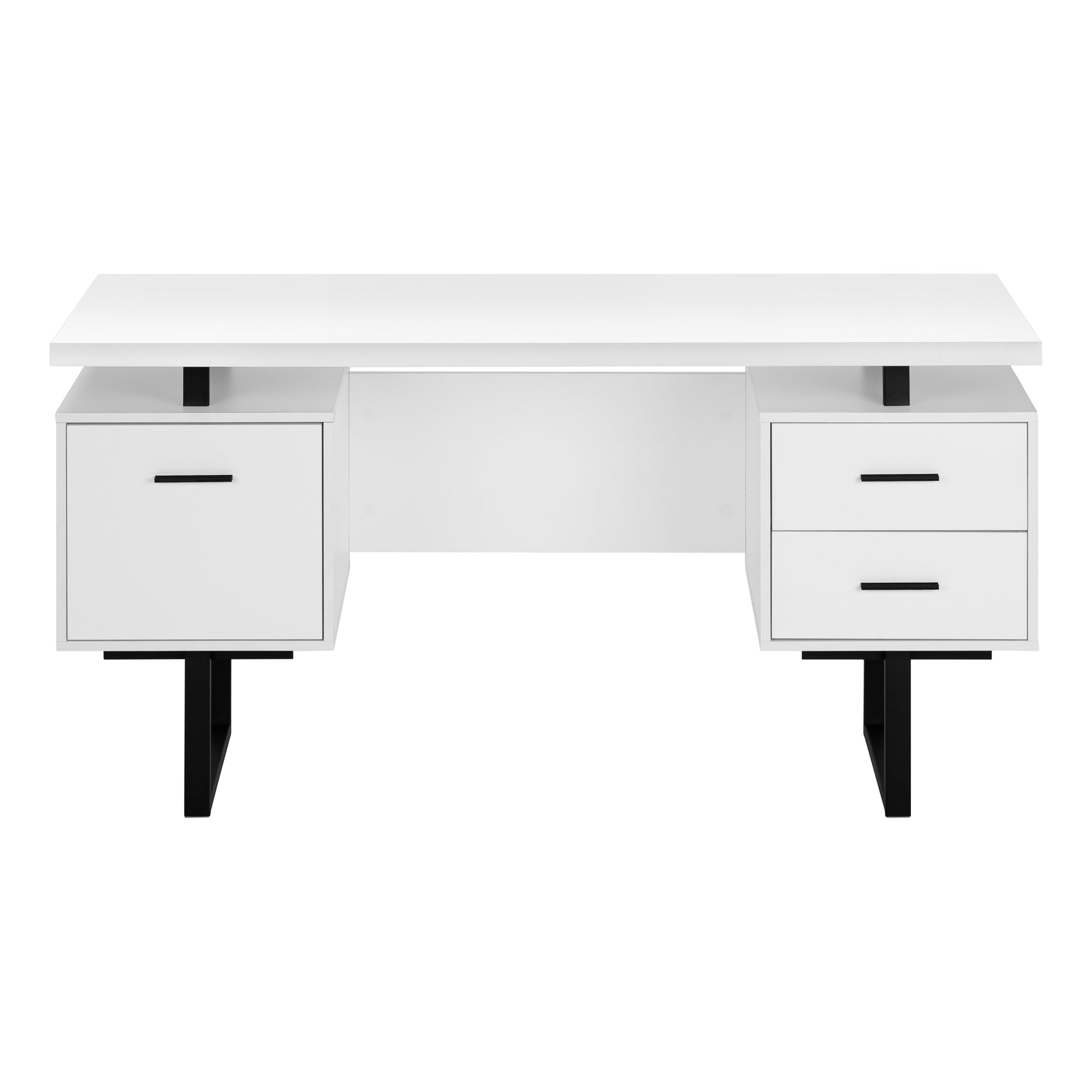 Modern white desk with black accents and two drawers for office storage