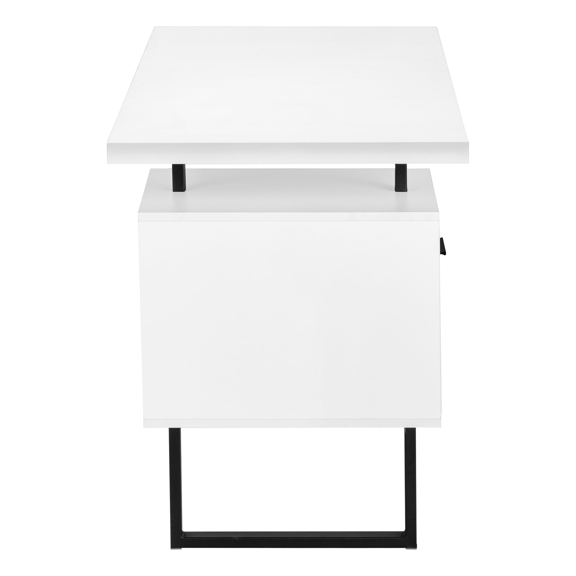 Modern white side table with black metal legs and a drawer