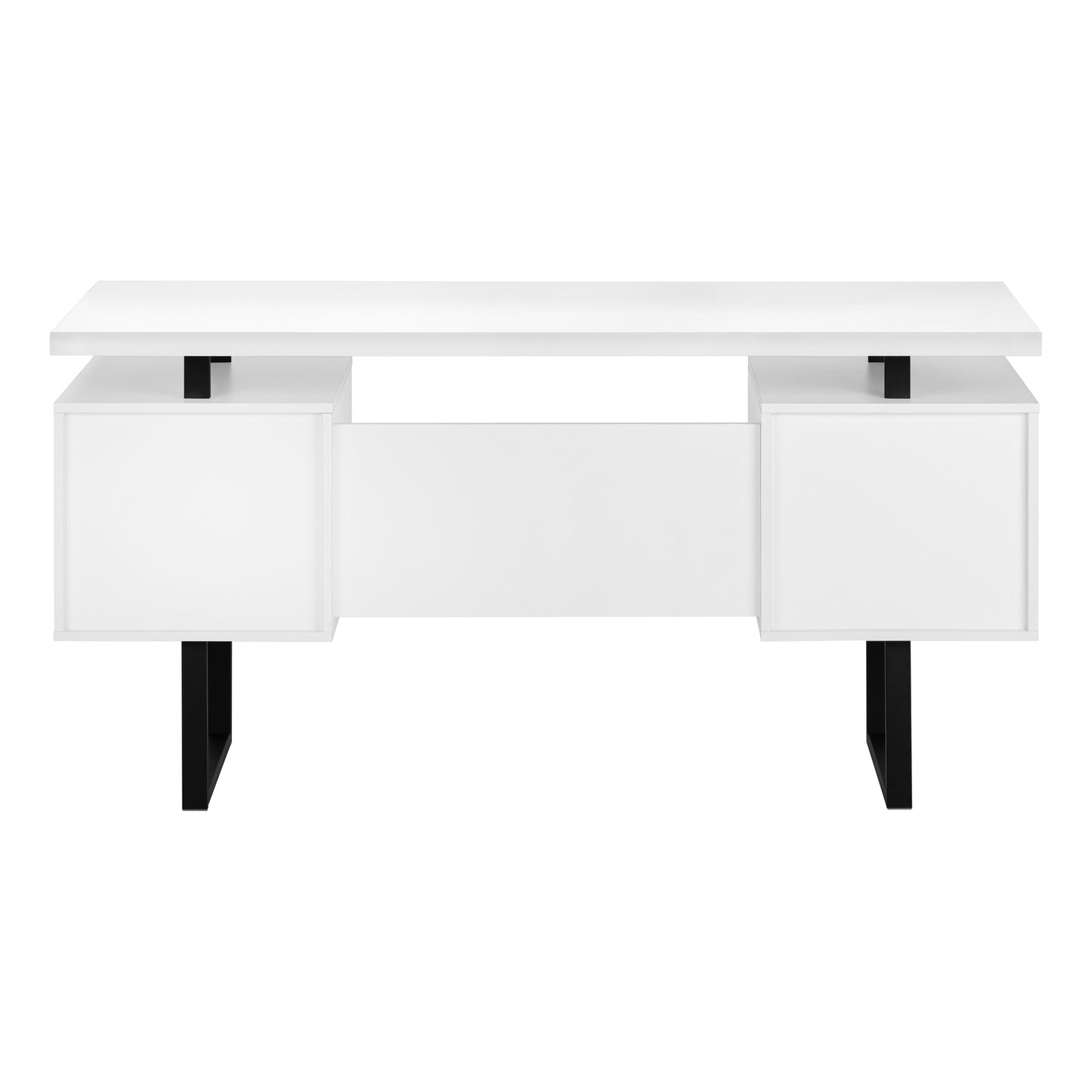Modern white writing desk with two floating drawers and black metal legs