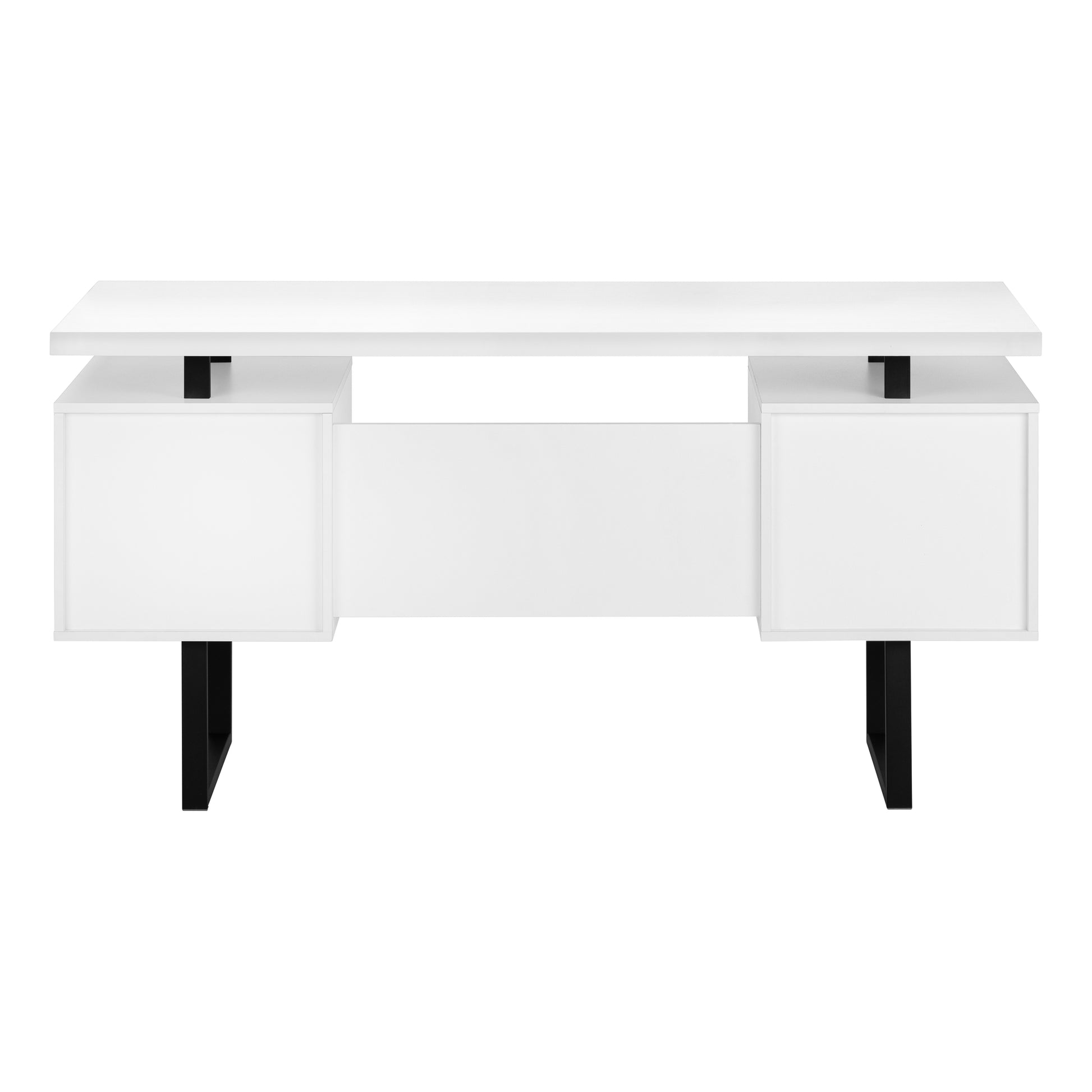 Modern white writing desk with two floating drawers and black metal legs